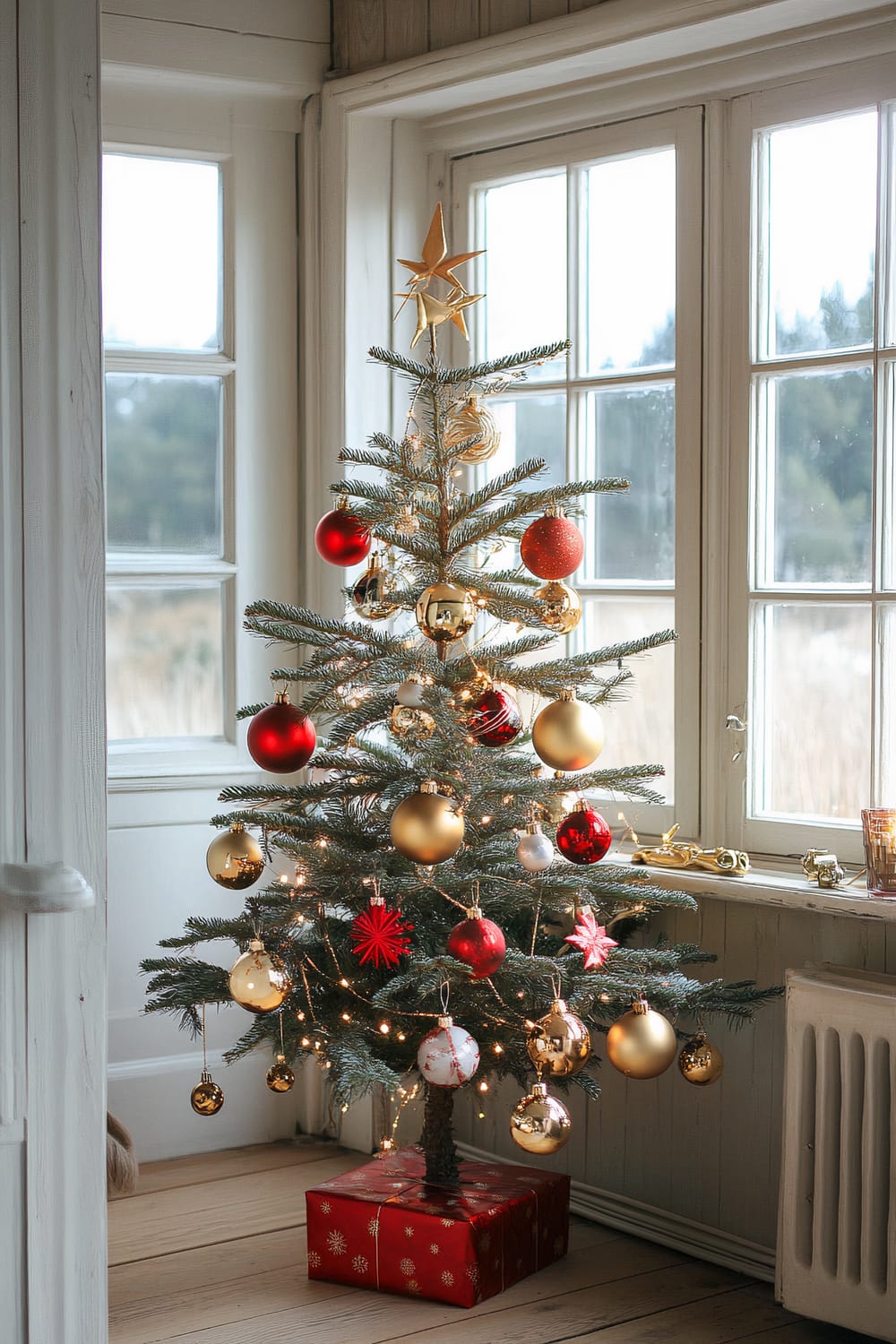 A small Christmas tree decorated with red and gold ornaments is placed in the corner of a room next to a window. The tree is adorned with a combination of spherical baubles and lights, topped with a golden star. Under the tree, there is a red gift box with a snowflake pattern, lying on a wooden floor. The room has light-colored wooden paneling and large windows that let in natural light.