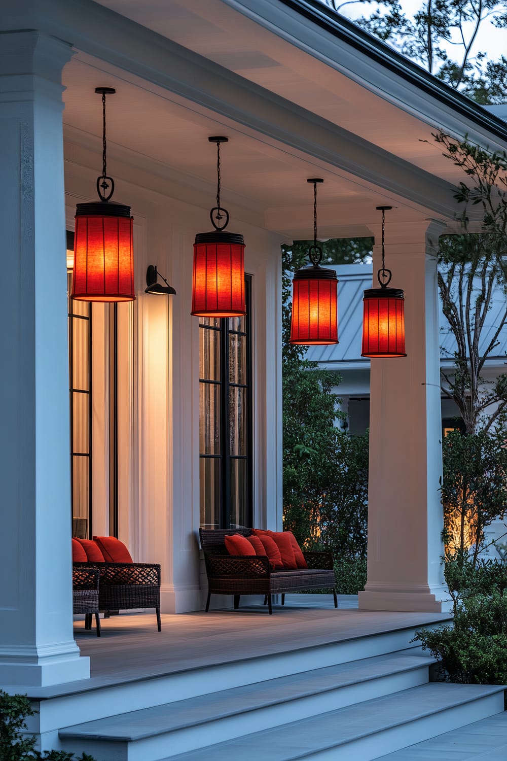 A porch with white columns and steps, adorned with four hanging red lanterns. Wicker chairs with red cushions are placed against the house wall beneath the lanterns. The porch is illuminated with soft, warm lighting in the evening, and lush greenery can be seen in the background.