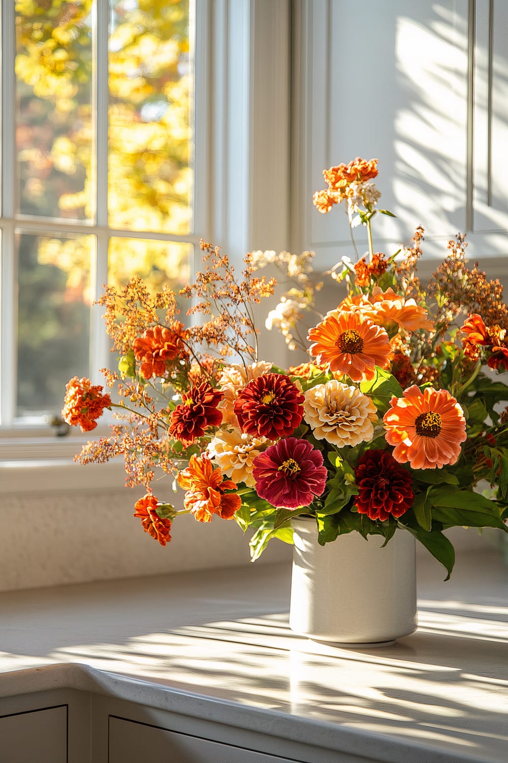 A white ceramic vase filled with a colorful bouquet of flowers sits on a sunlit countertop by a window. The flowers are in full bloom, displaying shades of orange, red, yellow, and white, with vibrant green leaves and delicate sprigs. The background shows a window with a view of autumn foliage bathed in warm sunlight.