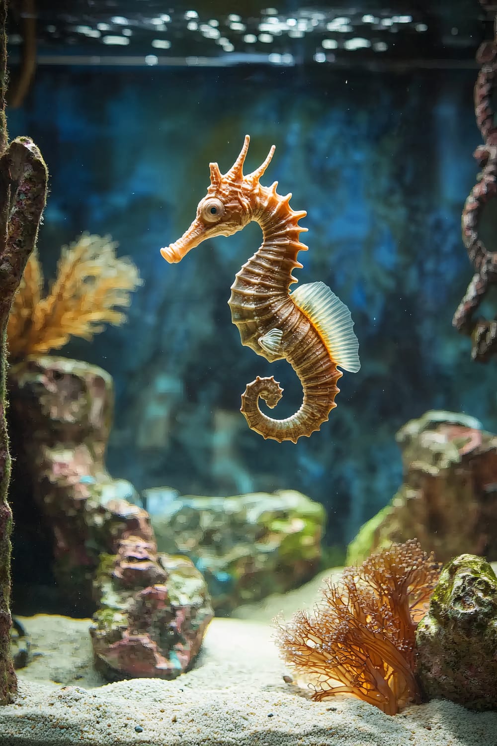 A close-up of a sea horse in an aquarium with a sandy bottom and scattered marine-themed elements like rocks, coral, algae, and ropes. The sea horse is prominently featured in the middle of the tank, with its intricate details and curved tail clearly visible. The background features various aquatic plants and subdued lighting, giving the scene a calm, underwater ambiance.