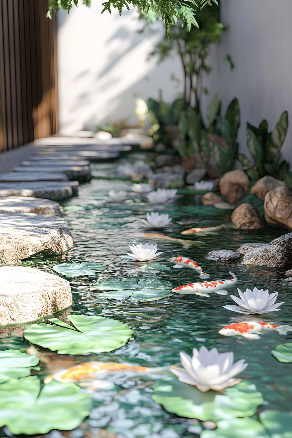 A small, peaceful water garden at home which has a clear pond filled with water lilies and koi fish. Smooth stone pathways wind through the garden, reflecting bright midday sunlight. The setting exudes tranquility with prevailing blue and green tones.