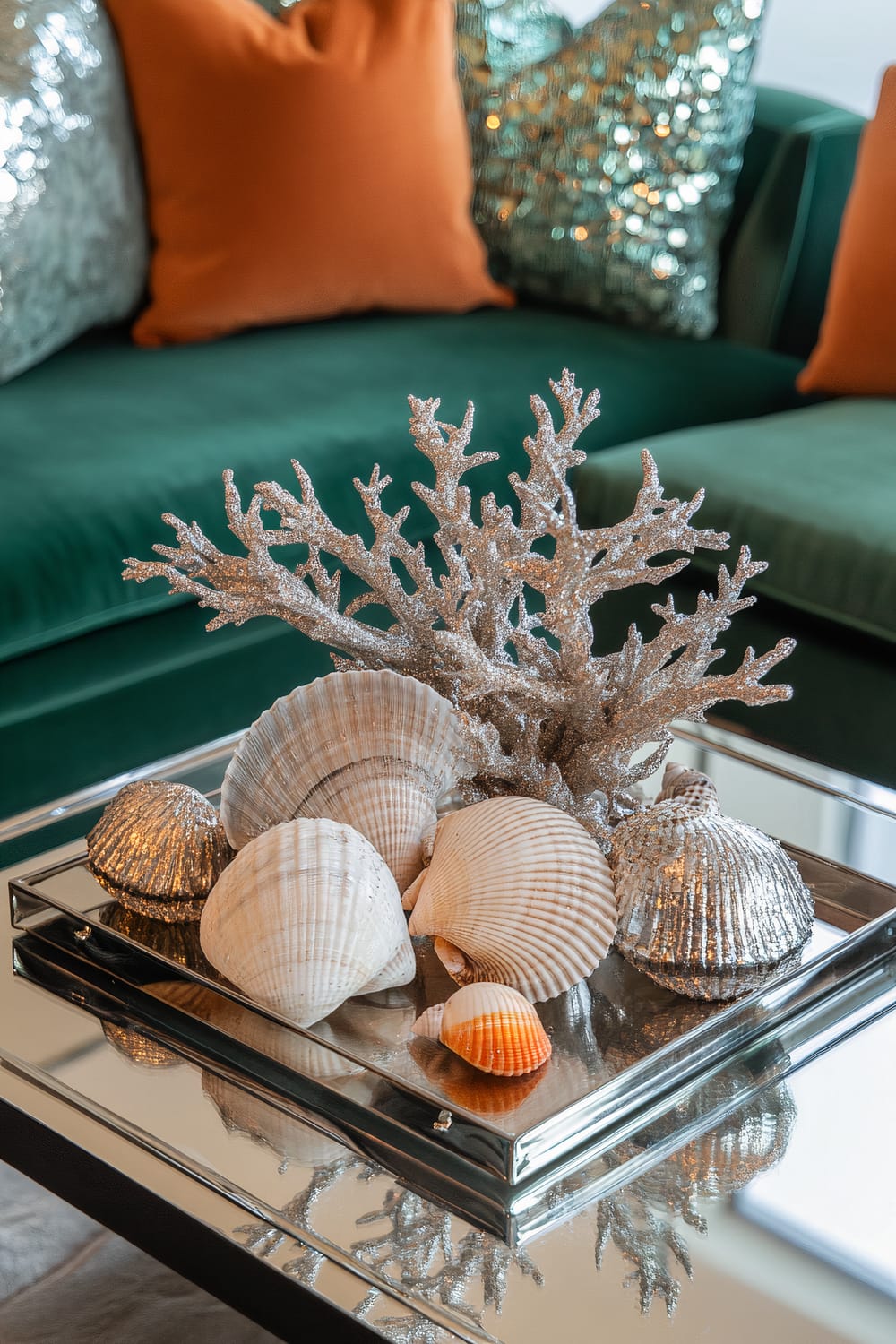 A decorative piece consisting of various seashells and a glittery coral centerpiece is placed on a reflective metallic tray on a glass table. In the background, a green velvet sofa with vibrant orange pillows and sequined silver accent pillows is visible.