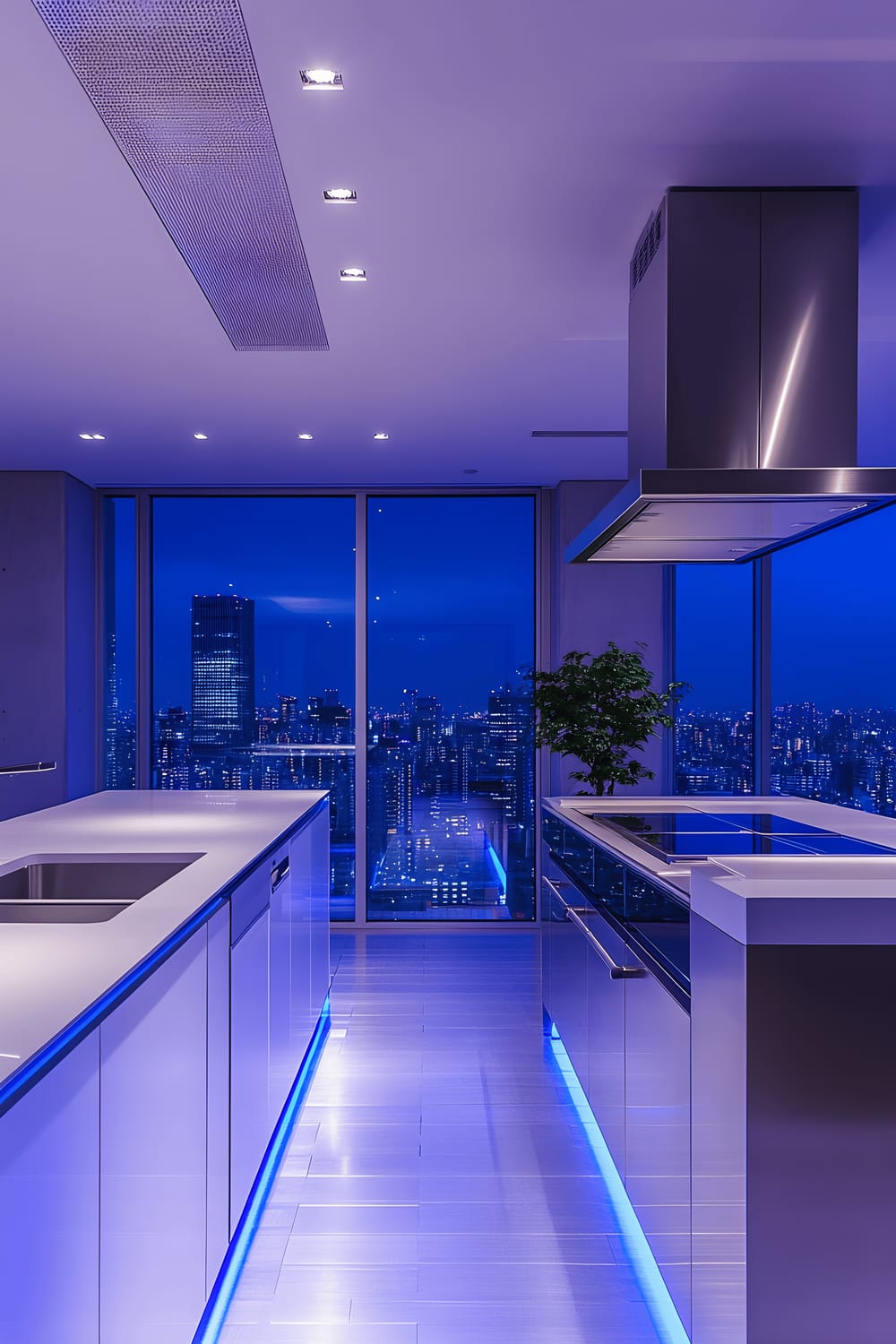 A high-tech kitchen in Tokyo showcasing cutting-edge smart appliances with touch interfaces, all housed in sleek, white cabinetry. The cabinets are adorned with LED strip lighting projecting a vibrant blue glow. The minimalist kitchen also features a stainless steel island that features integrated digital displays, serving as the main attraction of the space. A large glass window allows vistas of the bustling city while a solitary, well-tended bonsai tree punctuates the scene, reminding spectators of nature amidst technological sophistication.