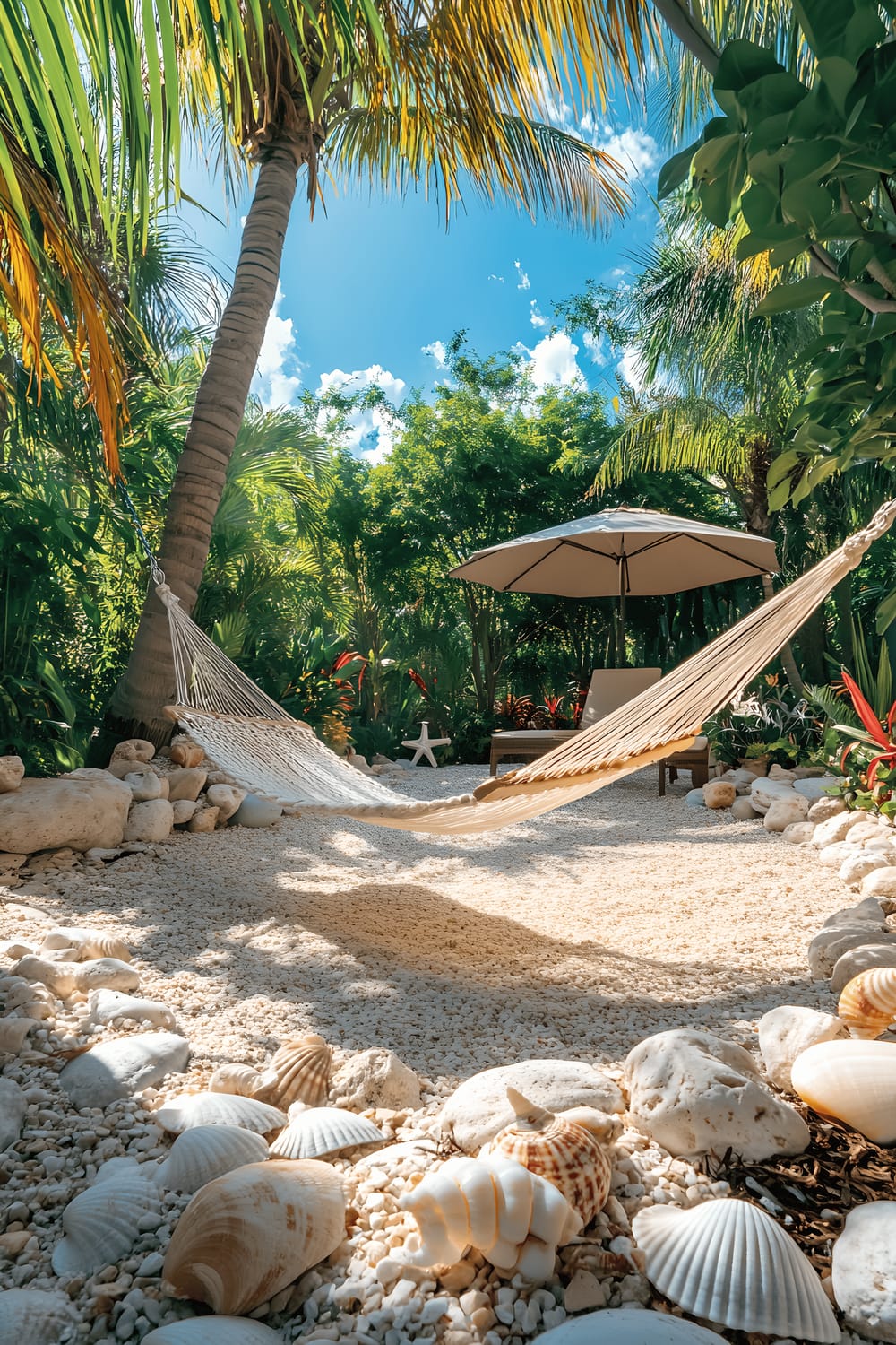 A backyard transformed into a beach-like oasis featuring a mixture of smooth river rocks and fine sand. In the middle of the scene is a hammock strung between two palm trees, with a small beach umbrella providing shade nearby. Various decorative seashells and starfish are scattered among the rocks, creating an atmospheric shoreline scene under the bright, sunny daylight.