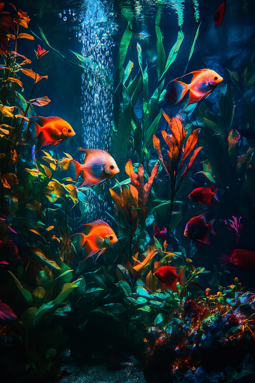 An artfully arranged fish tank featuring vibrant aquatic life including brightly colored discus and tetras swimming among an array of lush green plants and striking red aquatic flowers. The tank is lit with dramatic blue lighting which creates glowing highlights and deep shadows, emphasizing the vivid colors of the flora and fauna. Bubbles rise through the water, adding a dynamic element to the serene underwater scene.