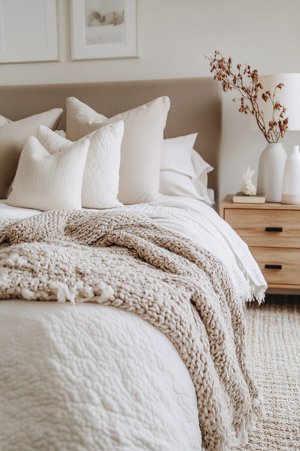 A serene bedroom setup featuring a neutral-toned bed with a beige upholstered headboard. The bed has multiple pillows in varying shades of cream and beige, along with a textured knit throw blanket. A wooden nightstand beside the bed holds a white table lamp, a white vase, and another vase with dried branches. Two framed artworks adorn the wall above the bed, complementing the room's minimalist aesthetic.