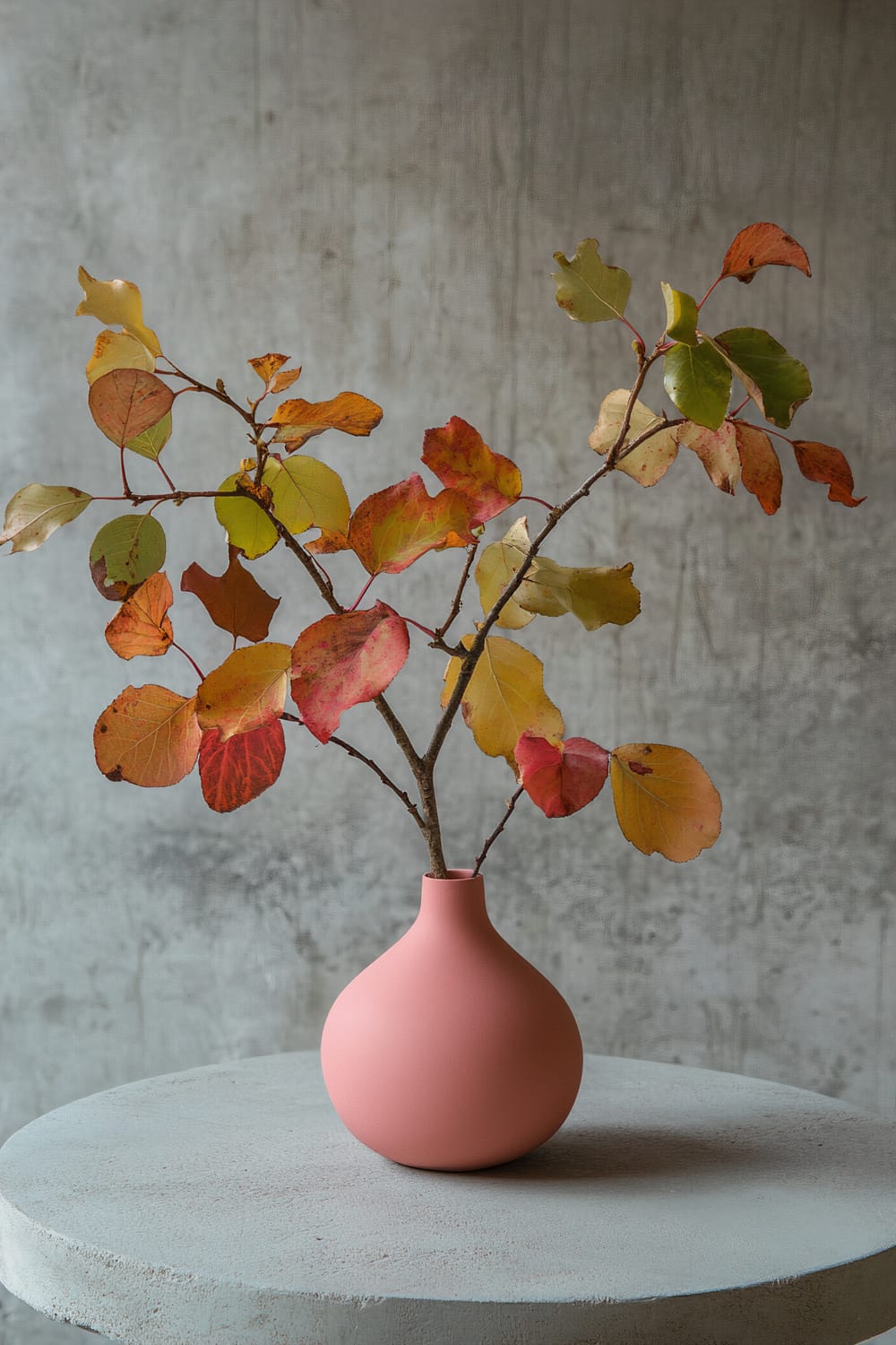 A minimalist coffee table with a bright pink vase holding branches of fall foliage. The leaves are in various autumnal shades, including red, orange, yellow, and brown. The background is a plain, textured wall.