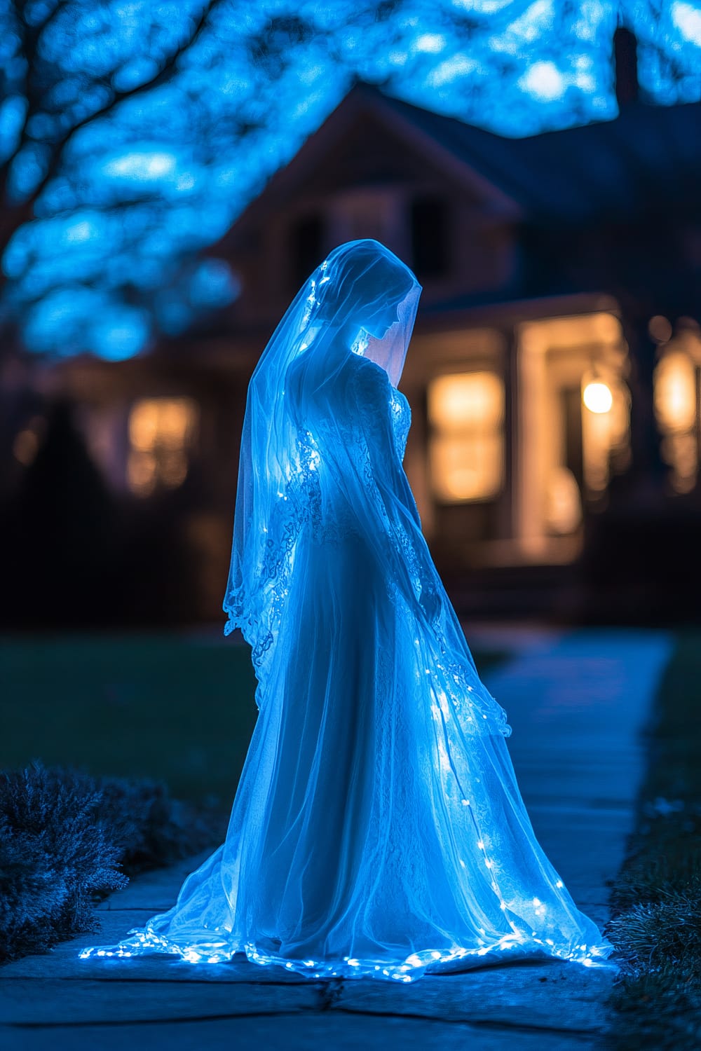 A close-up of a ghostly bride figurine in a flowing gown and delicate veil, softly illuminated by ethereal blue lights on a stone pathway in a traditional suburban yard. In the background, a Victorian-style house with softly lit windows stands under a dusky sky.