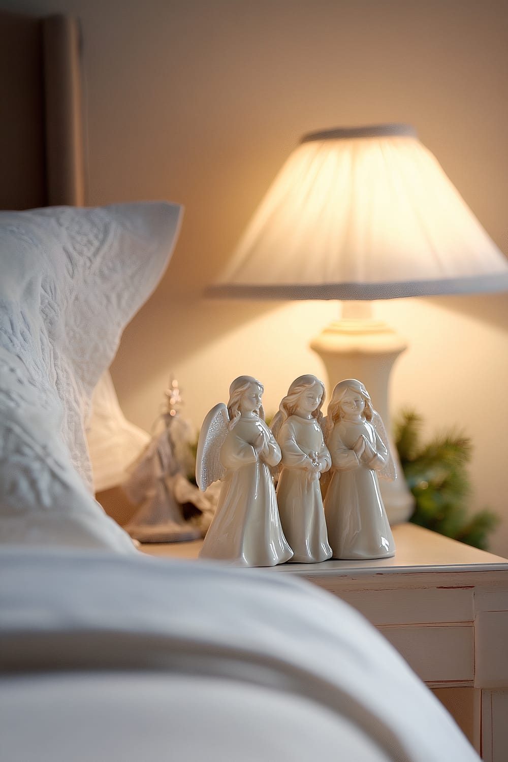 A close-up of a bedside table with three ceramic angel figurines. The background includes part of a bed with a white quilt, and a warmly lit lamp with a beige shade. There is also a small decorative tree partially visible behind the figurines.