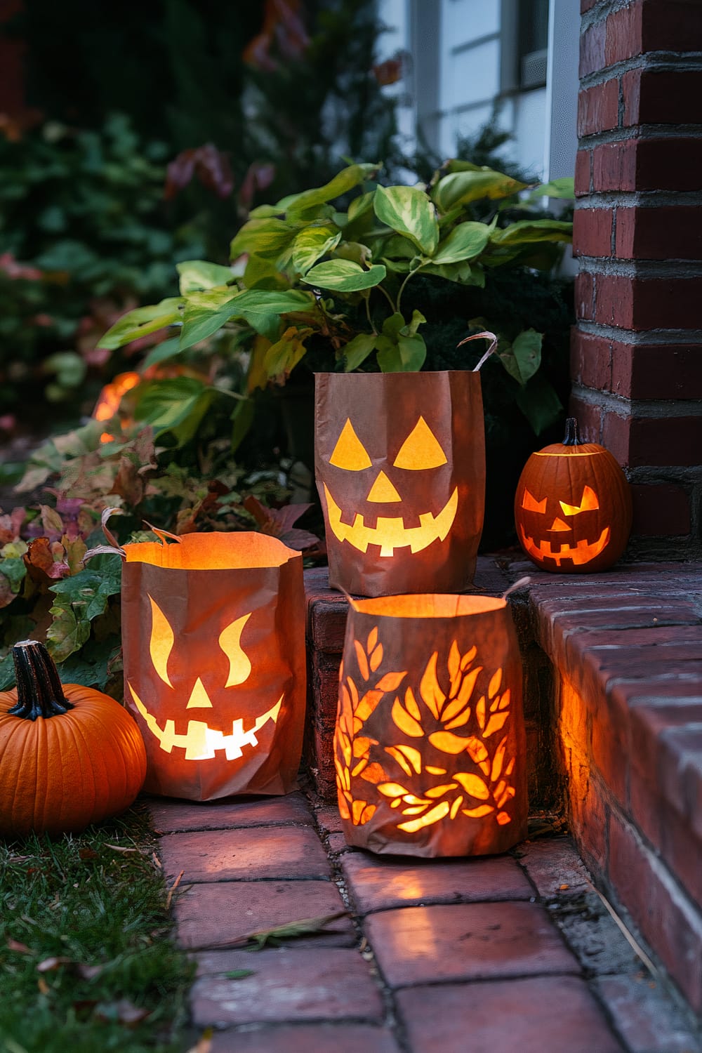 A nighttime outdoor Halloween scene featuring various lit paper bag lanterns with jack-o-lantern faces and patterns. The lanterns are arranged on brick steps beside small pumpkins and green foliage.