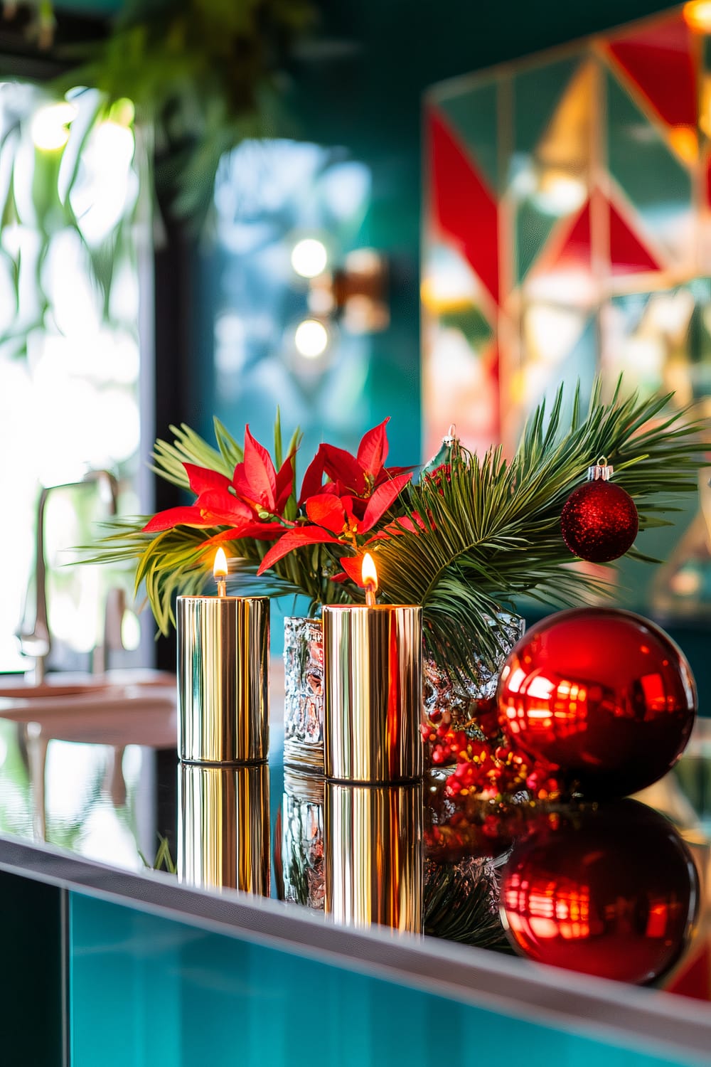 A vibrant Art Deco-style kitchen decorated for Christmas with bold and colorful accents. The centerpiece on a mirrored countertop features bright red and gold ornaments, sleek metallic candle holders, and tropical greenery. The background showcases geometric patterns with dynamic lines in red, teal, and gold, highlighted by colorful lighting.