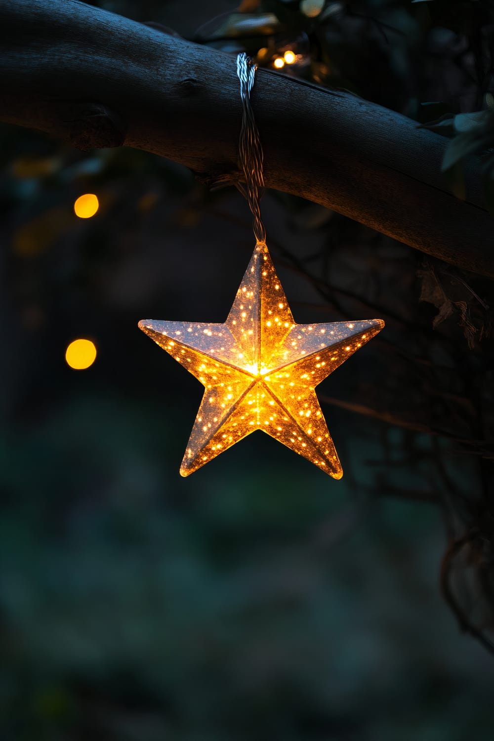 A glowing star-shaped ornament hanging on a tree branch, illuminated with small warm lights, casting a soft golden glow in the evening.