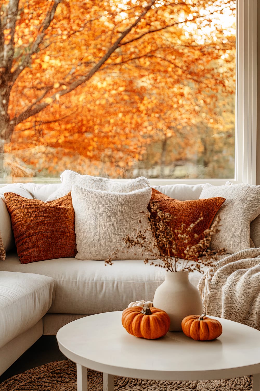 A cozy living room corner is showcased, featuring a plush white sectional sofa adorned with textured orange and cream throw pillows. A soft, knitted beige blanket is draped over the arm of the sofa. The white round coffee table in the foreground holds a simple white vase with dried autumnal foliage and three small pumpkins, enhancing the fall theme. Through the large window behind the sofa, vibrant orange autumn leaves create a picturesque backdrop, bathing the room in a warm, golden light.