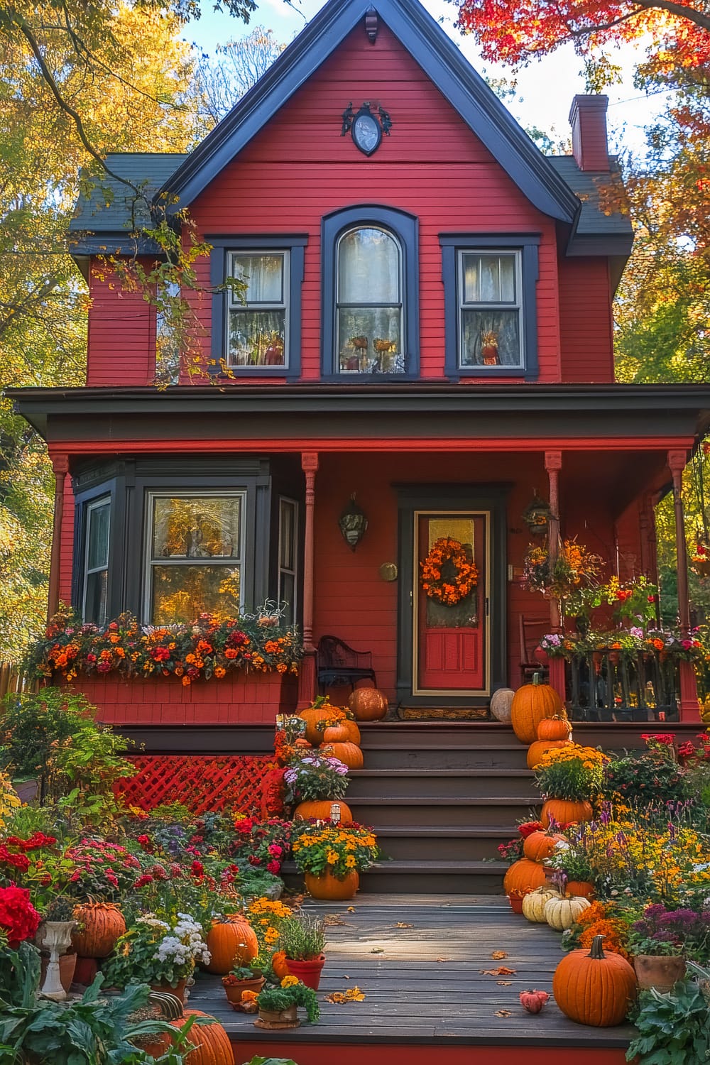 A charming Victorian-style house painted in a warm red color, adorned with black trim around windows, doors, and eaves. The house features a welcoming front porch decorated for fall with numerous pumpkins of varying sizes, colorful seasonal flowers, and a vibrant orange wreath on the front door. The flower beds and potted plants on the steps are lush and vibrant, featuring chrysanthemums and other autumnal flowers. The setting is bathed in the golden light of a sunny autumn day with trees in the background showcasing fall foliage.