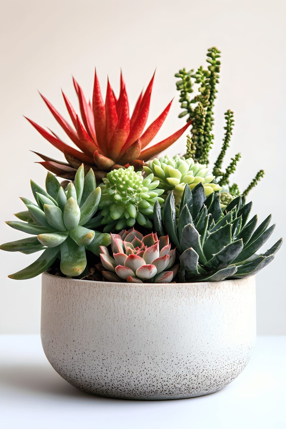 A vibrant assortment of succulents arranged in a modern ceramic pot, with a standout red moon cactus amongst them.