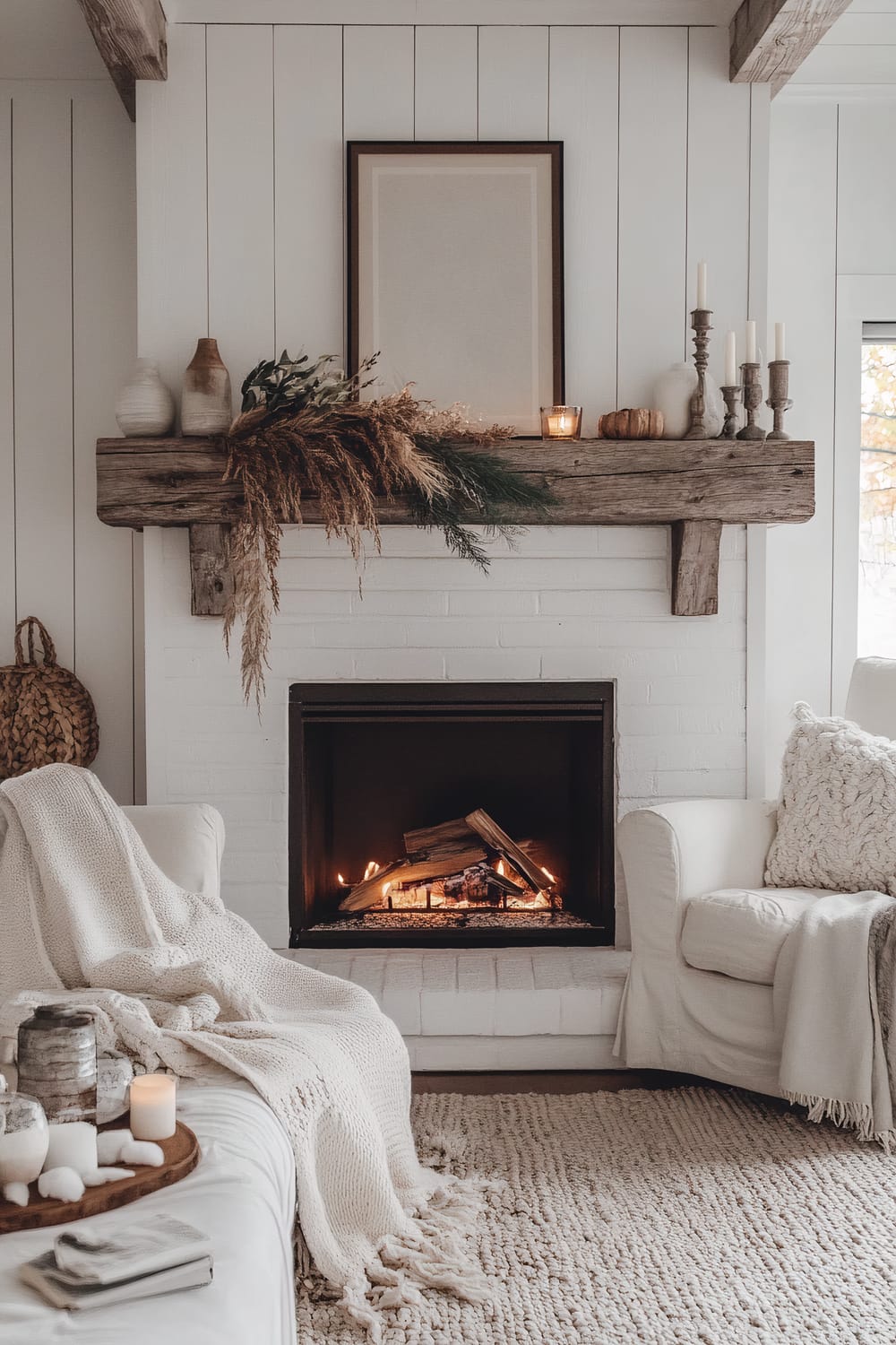 A warm, inviting living room is centered around a lit fireplace with rustic wooden mantels adorned with dried botanical arrangements, candles, and ceramic vases. On either side of the fireplace, there are plush armchairs draped with knitted blankets. A woven basket sits near the left side of the fireplace. In the foreground, a cozy thick-knit blanket is spread across what appears to be a sofa, enhancing the textures alongside a chunky knit area rug. A wooden tray with assorted candles and small objects sits on the sofa.