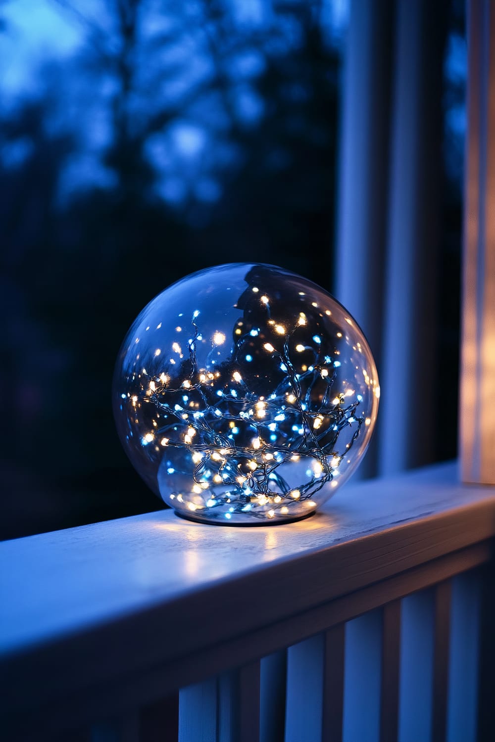 An oversized glass bauble filled with miniature fairy lights sits on a white porch railing. The bauble emits a soft glow of blue and white lights against a dark night sky, illuminating the surrounding area with a calm, tranquil ambiance.