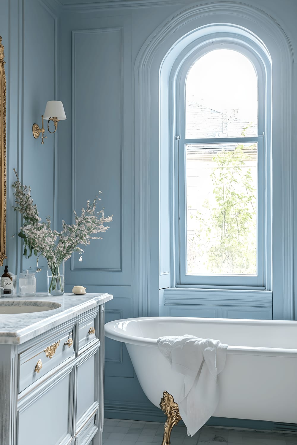 A Parisian-style bathroom featuring soft powder-blue walls, a vintage gold-framed mirror, a marble vanity with a sink, intricate vintage sconces, and a deep soaking tub positioned beneath an arched window.