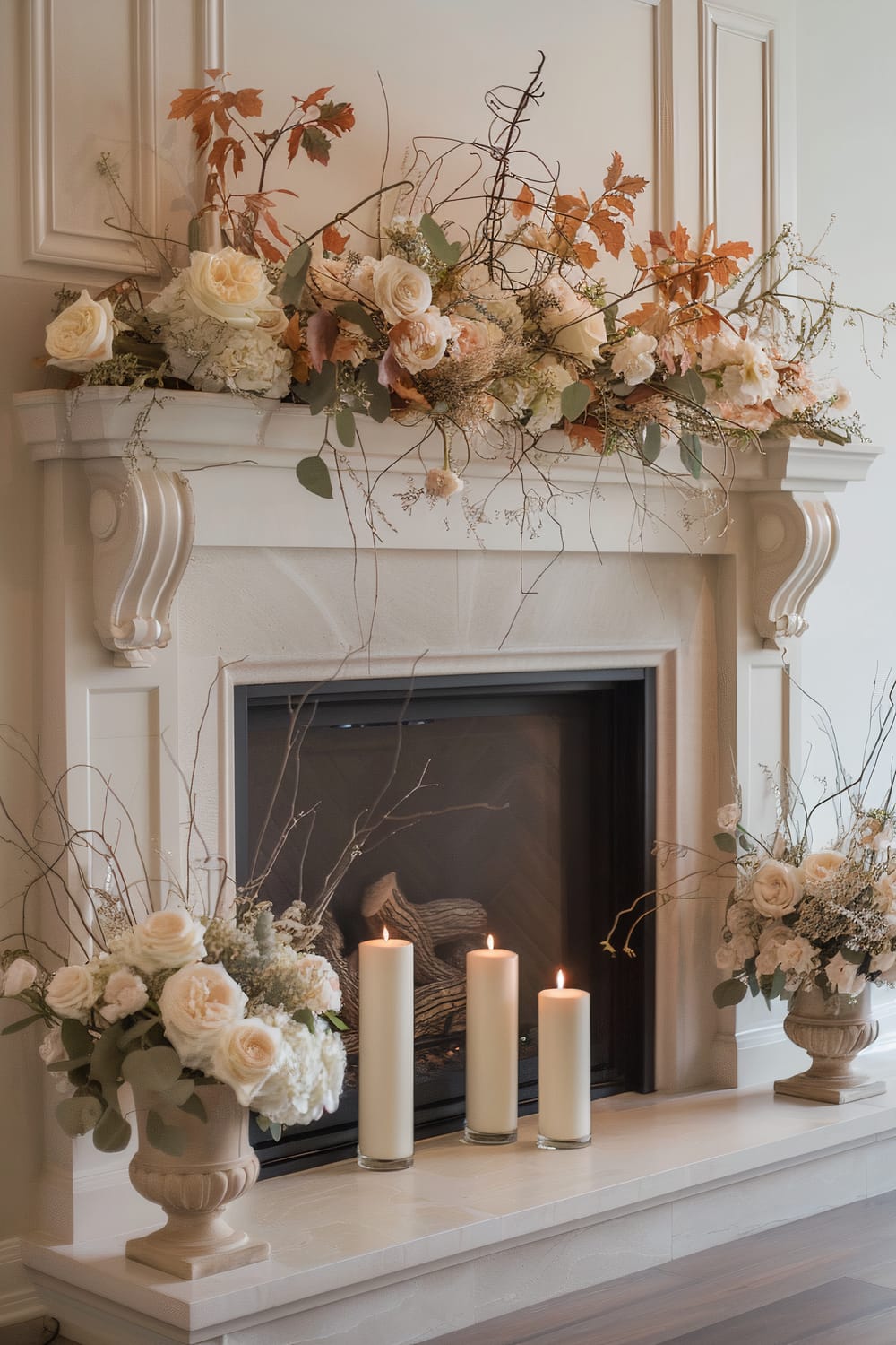 A white fireplace is adorned with a lush floral arrangement featuring cream roses, white hydrangeas, and autumn leaves on the mantel. Below, three tall, white candles are lit in front of the fireplace, flanked by two stone urns filled with similar floral arrangements. The scene exudes a romantic and elegant ambiance.