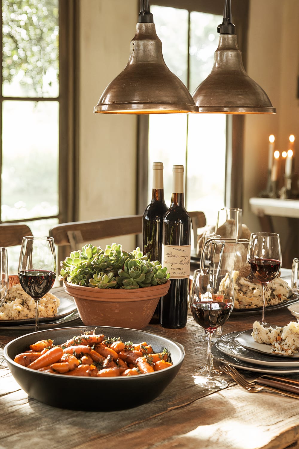 A warmly lit Friendsgiving dining setup featuring a rustic wooden table adorned with six earth-toned ceramic plates holding dishes such as honey-glazed carrots, garlic mashed potatoes, and herb stuffing. Vintage glassware pieces filled with red wine, a large terracotta planter with autumn succulents as the centerpiece, and two metallic candle holders are arranged prominently. The setting is illuminated by overhead pendant lights and a soft beige backdrop with large windows in the background.