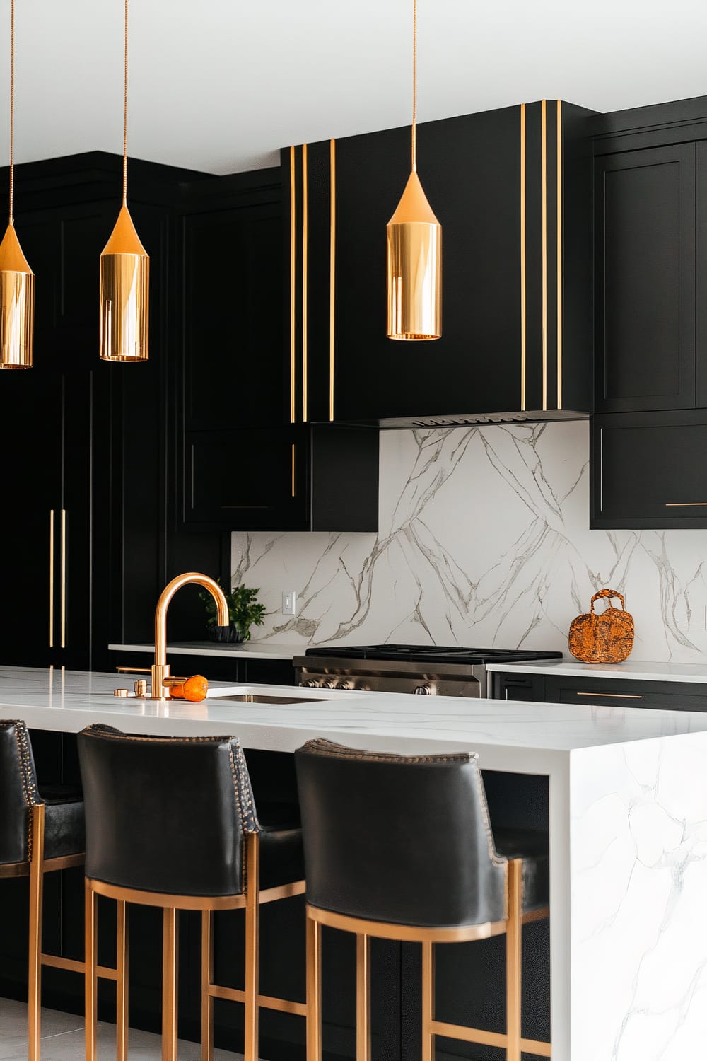 A modern kitchen features black cabinetry with gold accents and marble countertops. It includes three sleek, gold pendant lights hanging above the island, which has black leather barstools with gold frames. The backsplash is made of white marble with bold gray veins, and there is a decorative orange item and a small plant placed on the counter.