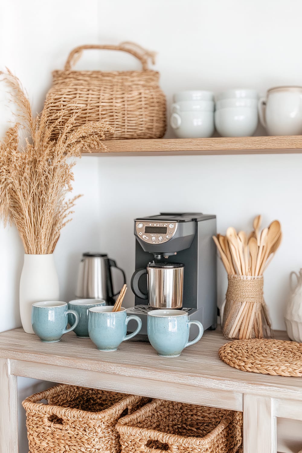 An inviting coffee station featuring a modern espresso machine on a light wooden table. The setup includes blue ceramic mugs placed beside the machine, a stainless steel thermal carafe, and a woven holder filled with wooden utensils. Above the station, an open wooden shelf displays a wicker basket and neatly stacked ceramic mugs. A white vase with dried wheat adds a decorative touch, with braided wicker baskets stored underneath the table.