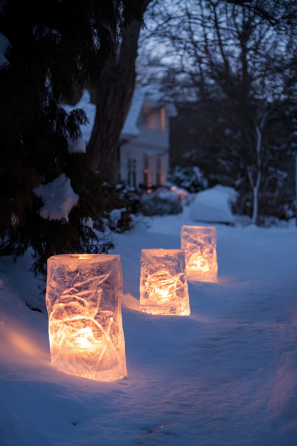 Three ice lanterns illuminate a snowy path leading to a house in the background. The ice lanterns have candles inside, creating a warm, golden glow. Snow-covered trees and shrubs surround the scene, and warm light emanates from the house's windows.