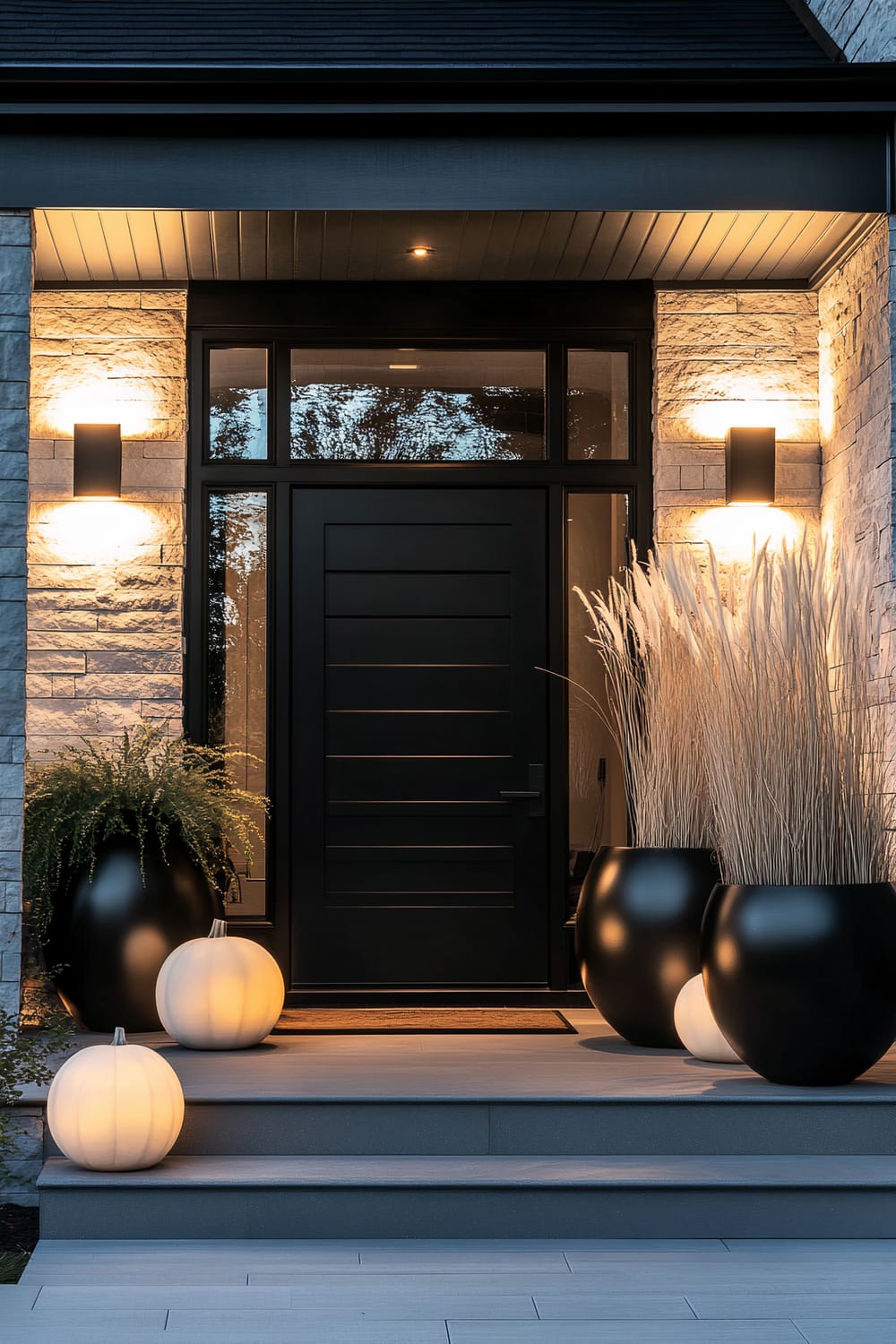 A modern front door entrance is shown, featuring a sleek black door with horizontal panels and large glass sidelights. The exterior walls are clad in light gray textured stone, and the porch area is illuminated by modern rectangular wall sconces emitting a warm, inviting light. Large black pots holding green ferns and tall pampas grass are placed symmetrically, along with lit white decorative pumpkins adding a seasonal touch to the front steps.