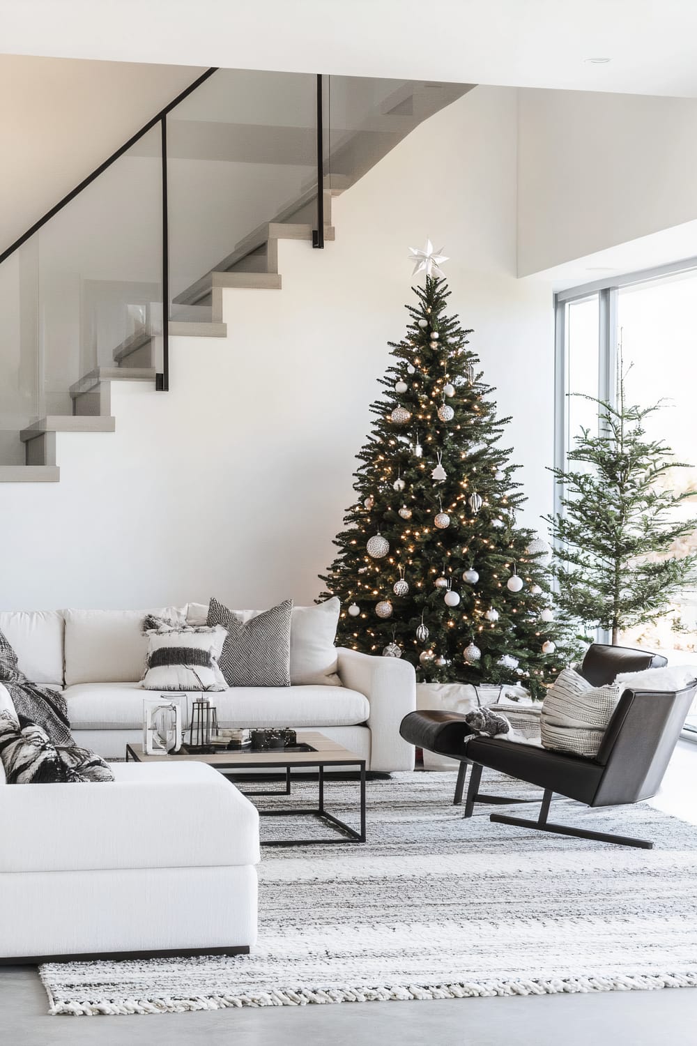 A modern living room features a large Christmas tree adorned with silver and white ornaments and warm lights. The space is anchored by a white sectional sofa with monochrome, textured throw pillows. A coffee table with sleek lines and a minimal design sits between the sofa and a brown leather chair with a throw blanket. The room has a neutral color palette dominated by shades of white, gray, and black. The staircase with glass railings emphasizes the contemporary design, leading the eyes upward and maintaining an open feel. The whole scene is set on a gray and white patterned rug, adding a layer of texture to the elegant space.