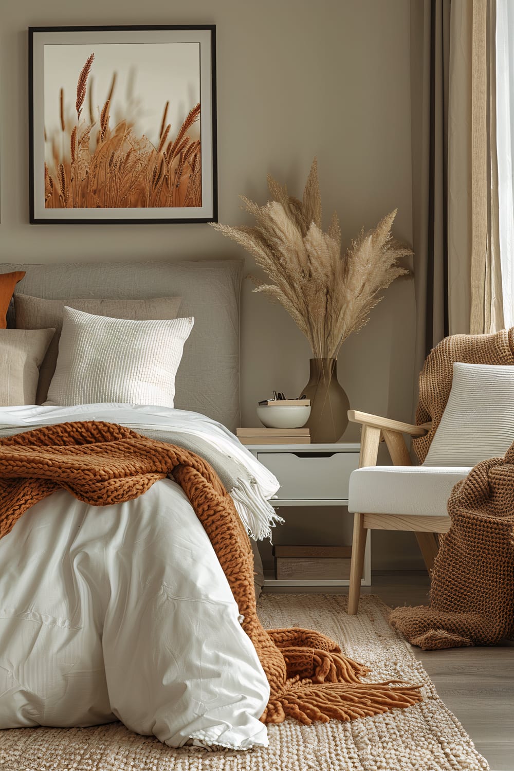 A cozy bedroom scene featuring a bed with white linens and an orange knitted blanket. The bed has multiple pillows in neutral tones. On the side table next to the bed is a beige vase filled with tall dried wheat stems. A soft-toned photo of wheat fields hangs above the bed. A white armchair with a wooden frame and an orange blanket draped over it sits beside the bed. The floor is covered with a woven beige rug.