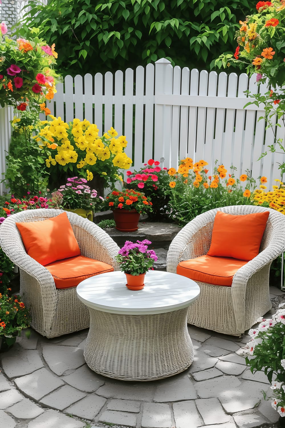 A white picket fence covered with hanging baskets filled with vibrant yellow and white petunias.