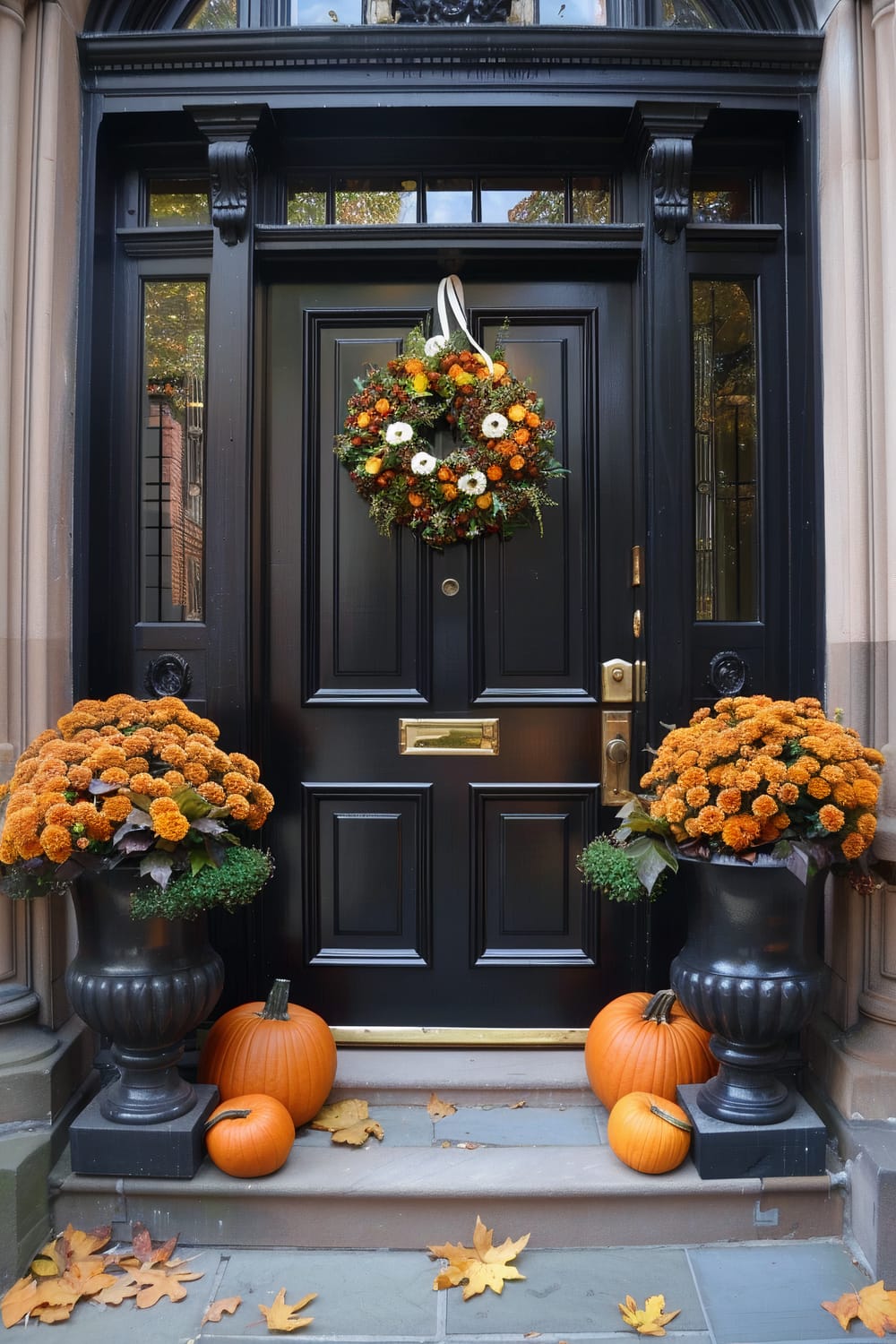 An elegant black front door is adorned with a fall-themed wreath featuring orange, white, and green flowers. Two urn planters, each filled with vibrant orange chrysanthemums, flank the door on either side. Three pumpkins rest on the stone steps below the door, surrounded by scattered fallen leaves.