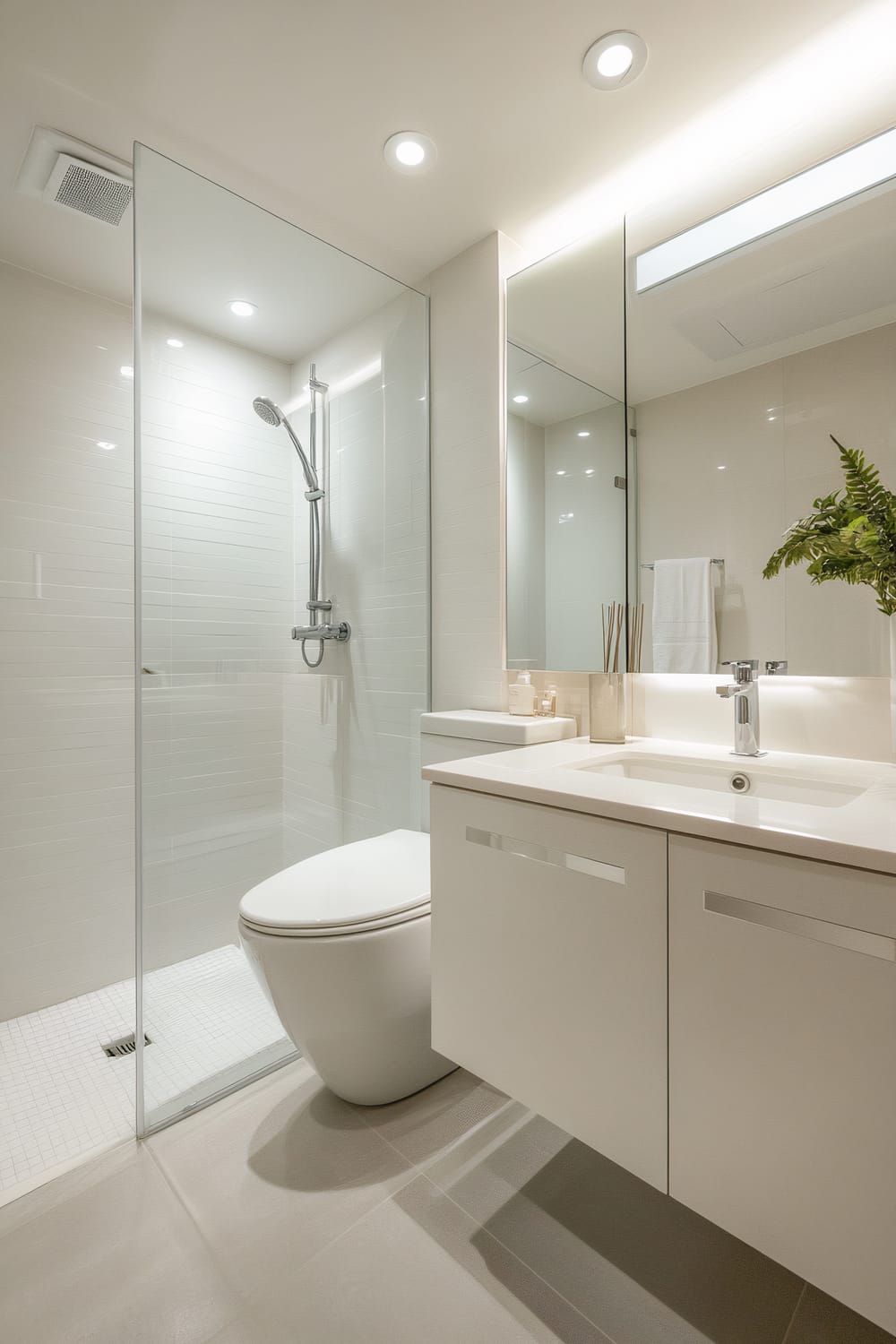 Modern bathroom with minimalist design featuring a glass-enclosed shower with a built-in shower head, sleek white toilet, and floating vanity with an integrated sink. The bathroom is illuminated with recessed lighting and includes a mirrored cabinet, white tile flooring, and decorative elements such as reed sticks and a green plant.