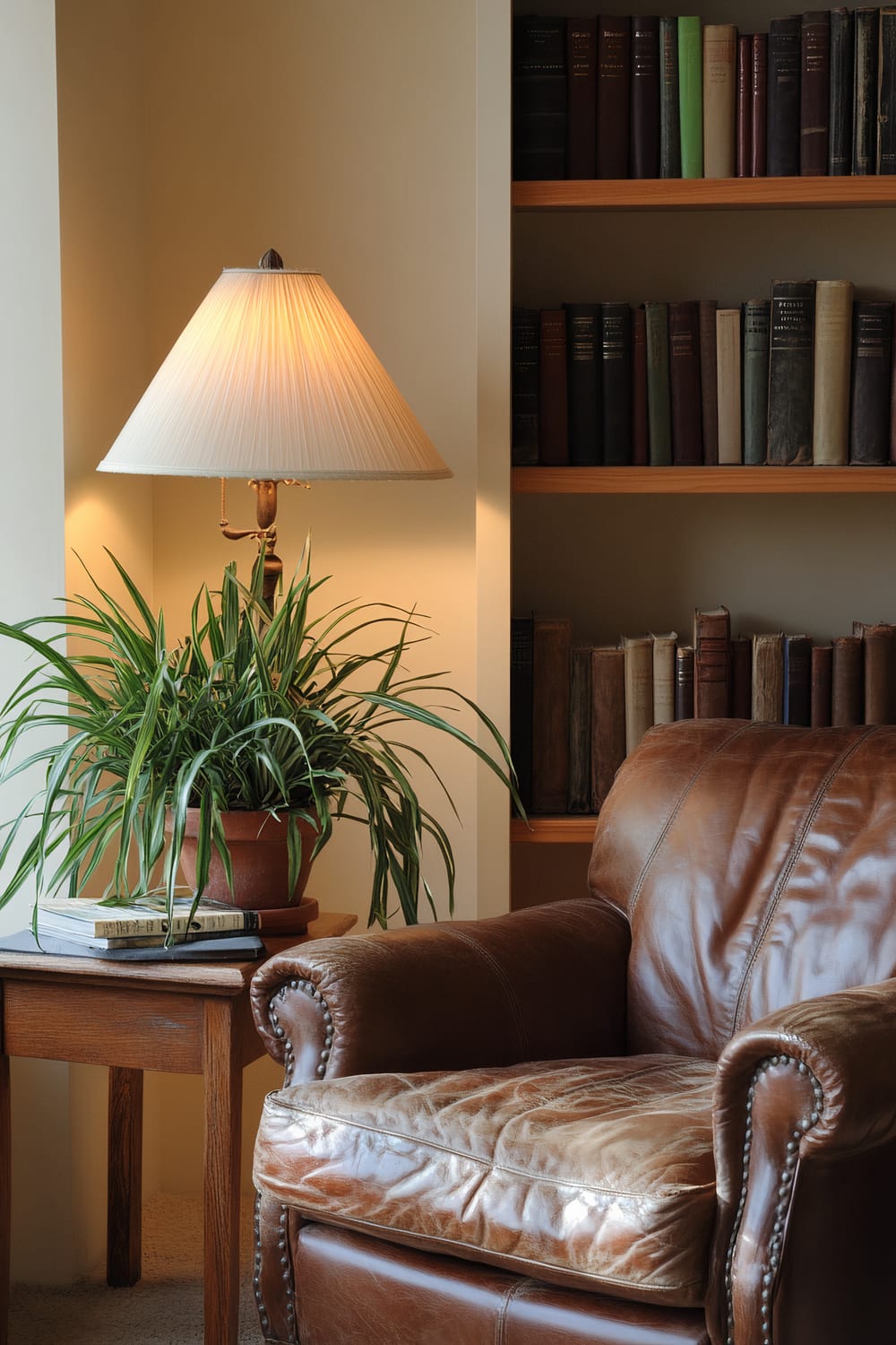 A cozy reading nook featuring a brown leather armchair beside a small wooden side table. The table is adorned with a lamp, a stack of books, and two potted spider plants. The background includes light beige walls and a large bookshelf filled with books.