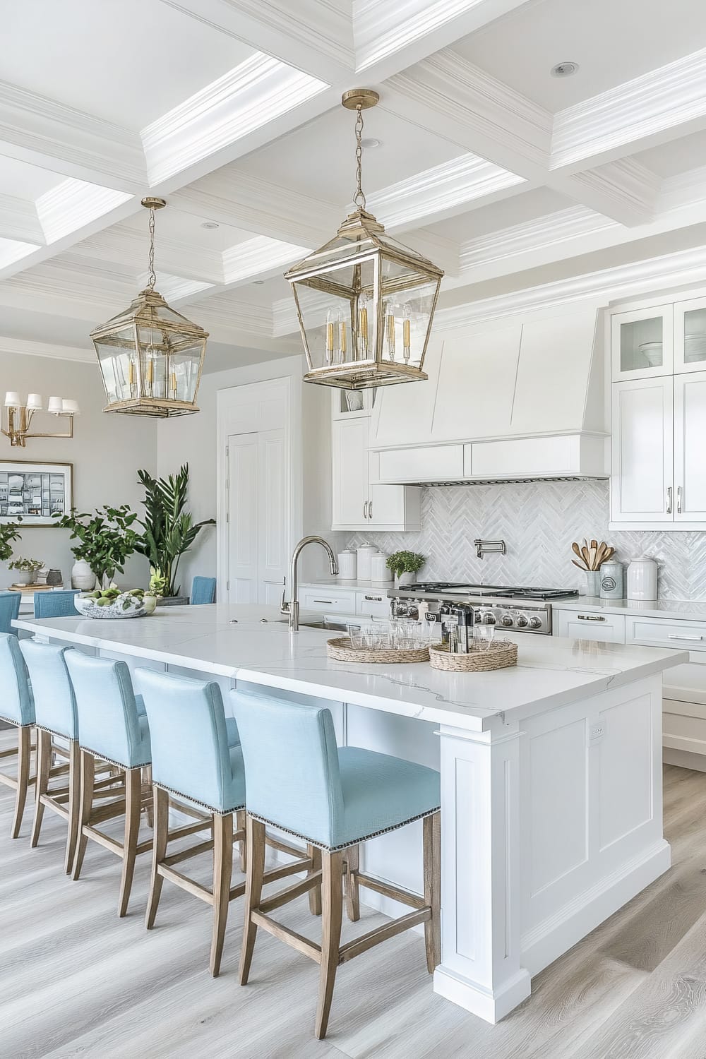 The image showcases a luxurious kitchen designed with a contemporary aesthetic. Dominating the scene is the large island with a white marble countertop, which offers seating space for five light blue bar chairs with wooden legs. Overhead, two large, vintage-inspired lantern pendant lights hang from a white, coffered ceiling, adding an elegant touch. The background reveals a kitchen setup with white cabinetry, a herringbone-patterned backsplash, and stainless steel appliances. Greenery and decorative items add an inviting and fresh ambiance to the space.