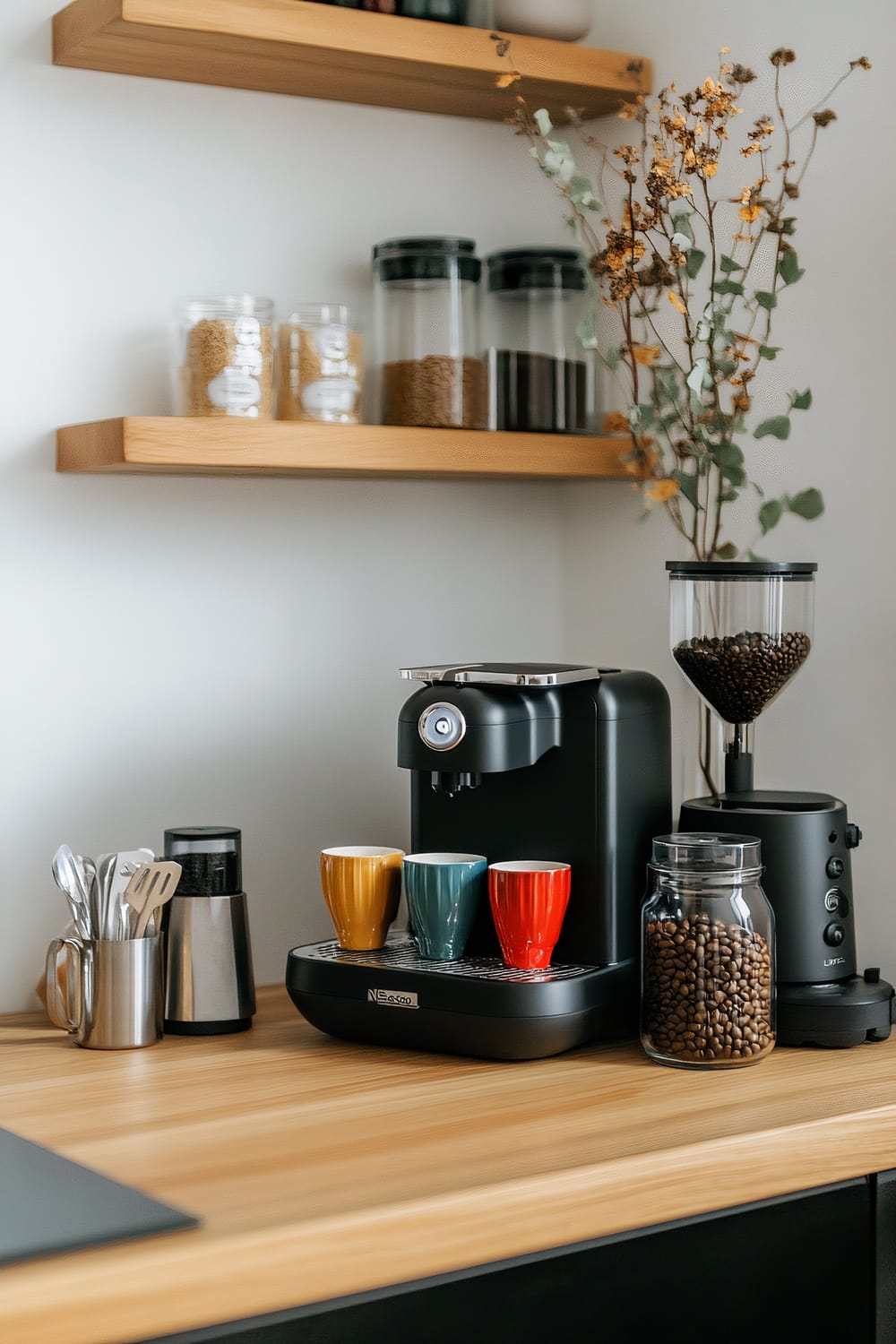 A modern kitchen countertop setup featuring a black coffee machine with three colorful mugs (yellow, turquoise, and red) on its tray. Surrounding the coffee machine are various coffee-related items including a grinder with coffee beans, a glass jar filled with coffee beans, and a container with utensils. Above this setup, two wooden floating shelves hold several jars filled with ingredients.