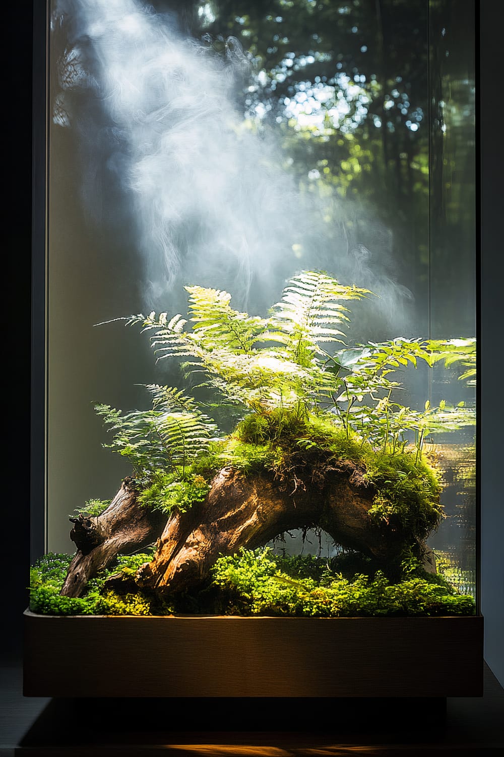 An elegant terrarium with ferns and a mossy log, bathed in soft, natural light. A misty vapor is present, creating a humid atmosphere that enhances the tropical feel of the terrarium. The wooden base adds a natural and rustic aesthetic, carefully designed to highlight the vibrant green plants inside the glass container.