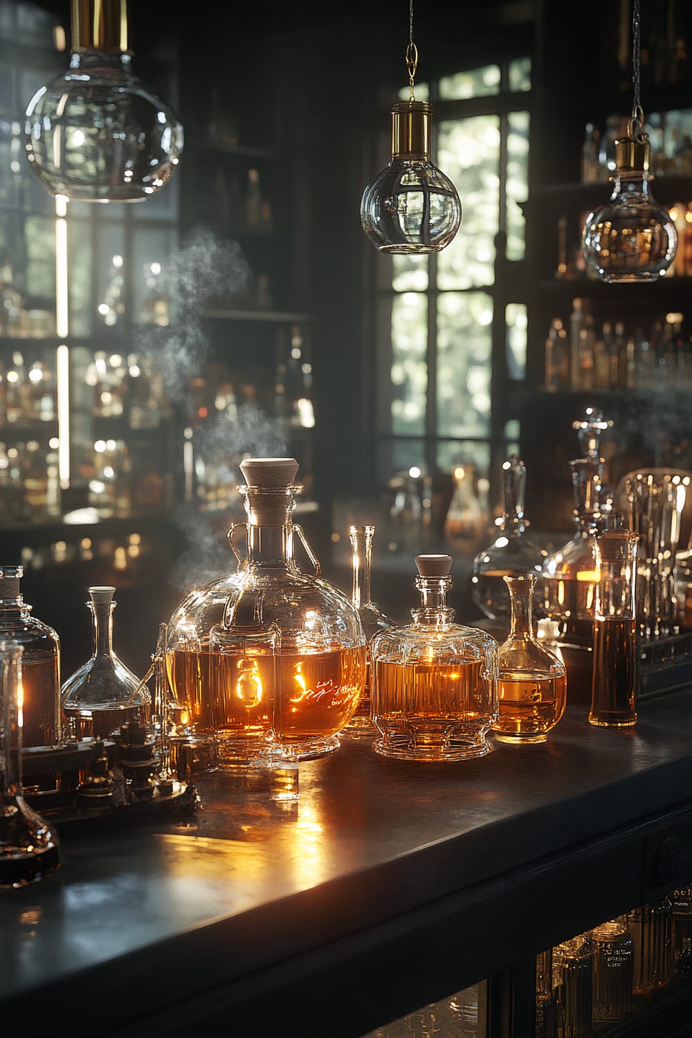 An alchemy lab with a sophisticated and eerie ambiance. The lab features sleek black countertops adorned with polished brass instruments and crystal decanters containing glowing elixirs. The scene is dramatically lit with hanging pendant lights and spotlighting that creates deep shadows. Various glassware and scientific apparatuses are arranged on the counters and shelves in the background.