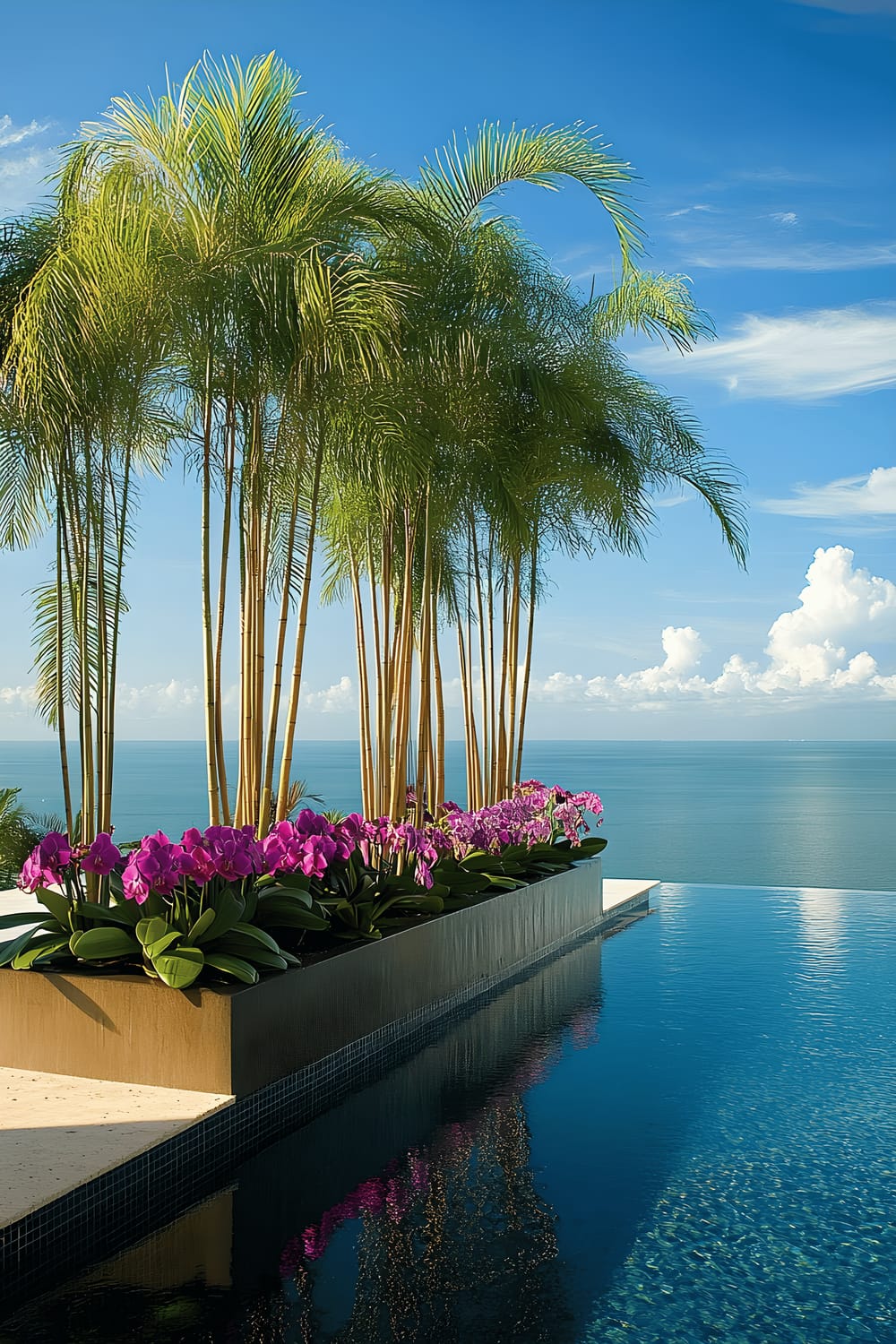 A luxurious infinity pool flanked by an array of tropical plants including tall bamboo palms, monstera, and blooming orchids, creating a serene divider between the pristine pool and the endless blue horizon. The glossy surface of the pool seamlessly merges with the skyline, epitomizing the concept of an infinity pool.