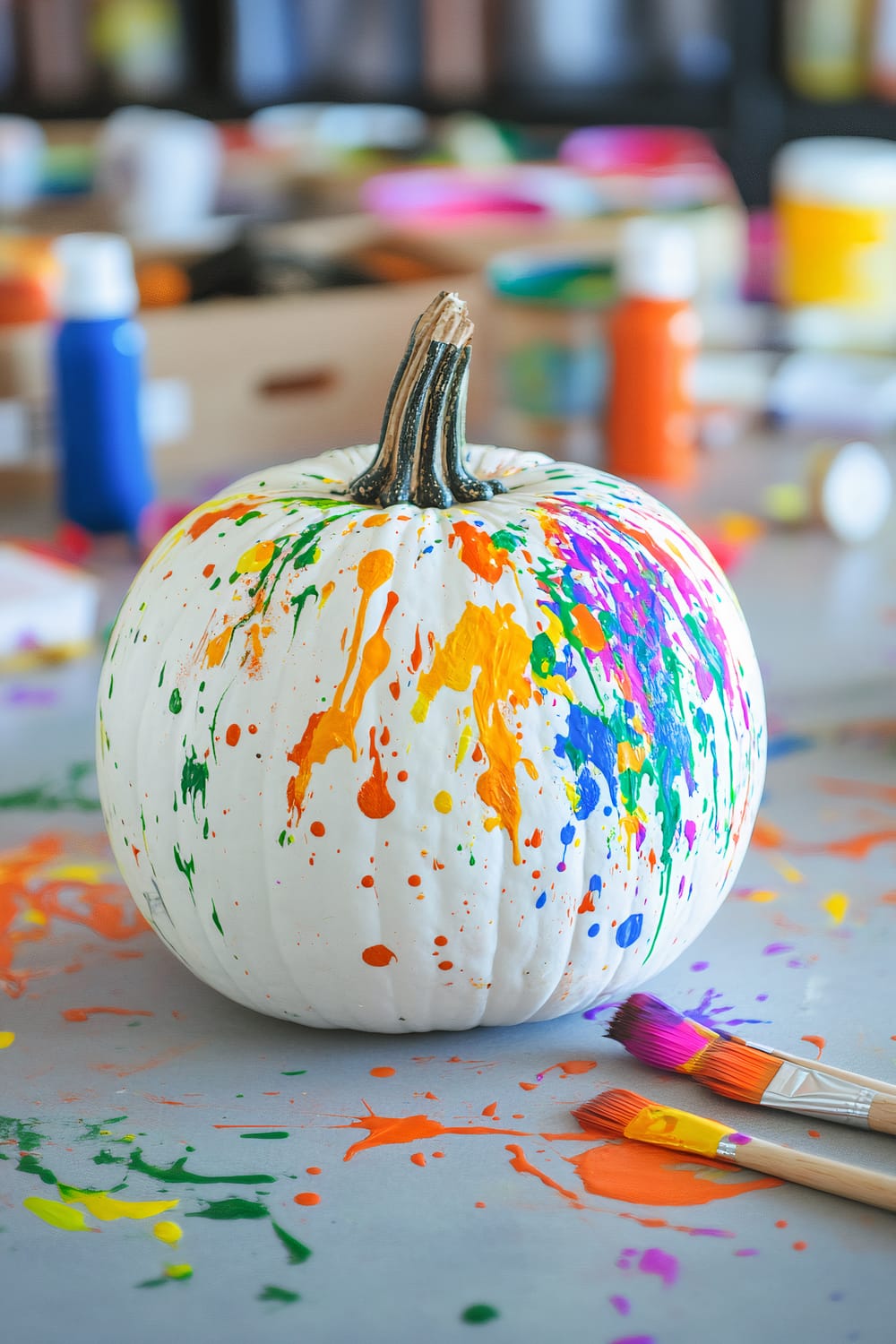 A white pumpkin is splattered with a vivid array of paint colors including orange, yellow, green, and purple. The pumpkin is set on a surface covered in similar colorful paint splatters, with paintbrushes lying nearby. In the blurred background, various bottles of paint in different hues are visible.