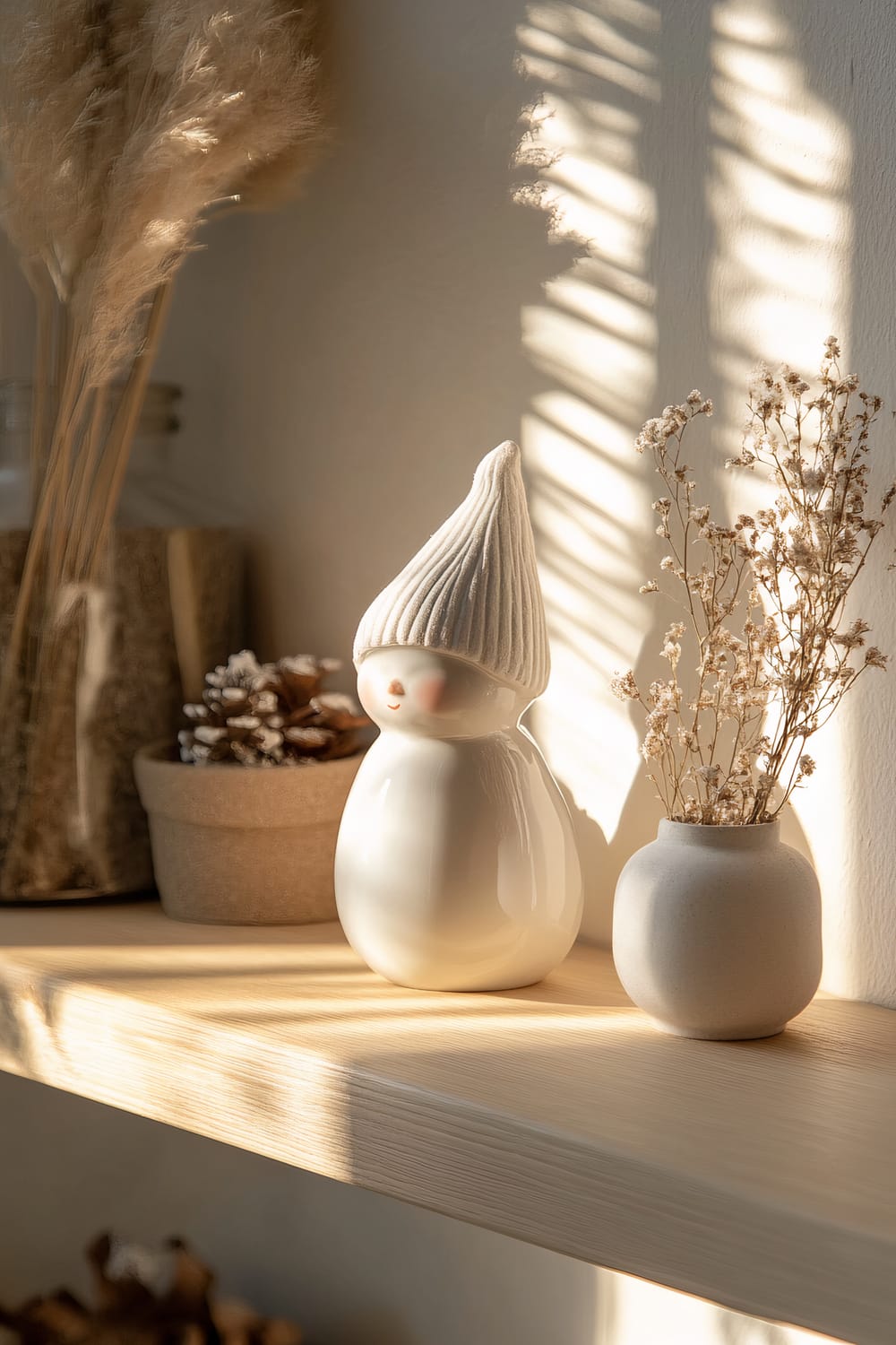 A charming white porcelain Scandinavian elf figurine sits on a light wooden shelf. The elf, with its smooth, rounded body and a ribbed knit hat, is brightly lit by natural daylight, casting soft shadows. To its right, a small ceramic vase contains dried flowers, adding a rustic touch. Behind, a small pot holds a frosted pinecone, and tall, feathery dry plants add vertical interest.