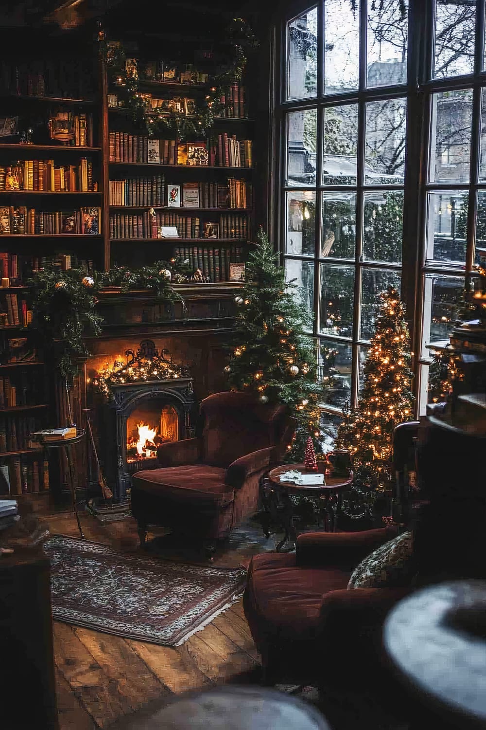 A richly decorated room featuring floor-to-ceiling bookshelves filled with books and Christmas decorations. There is a warmly lit fireplace with garland above it, along with a plush armchair and a small wooden side table. Christmas trees with twinkling lights are placed near a large window, which shows a snowy outdoor scene.