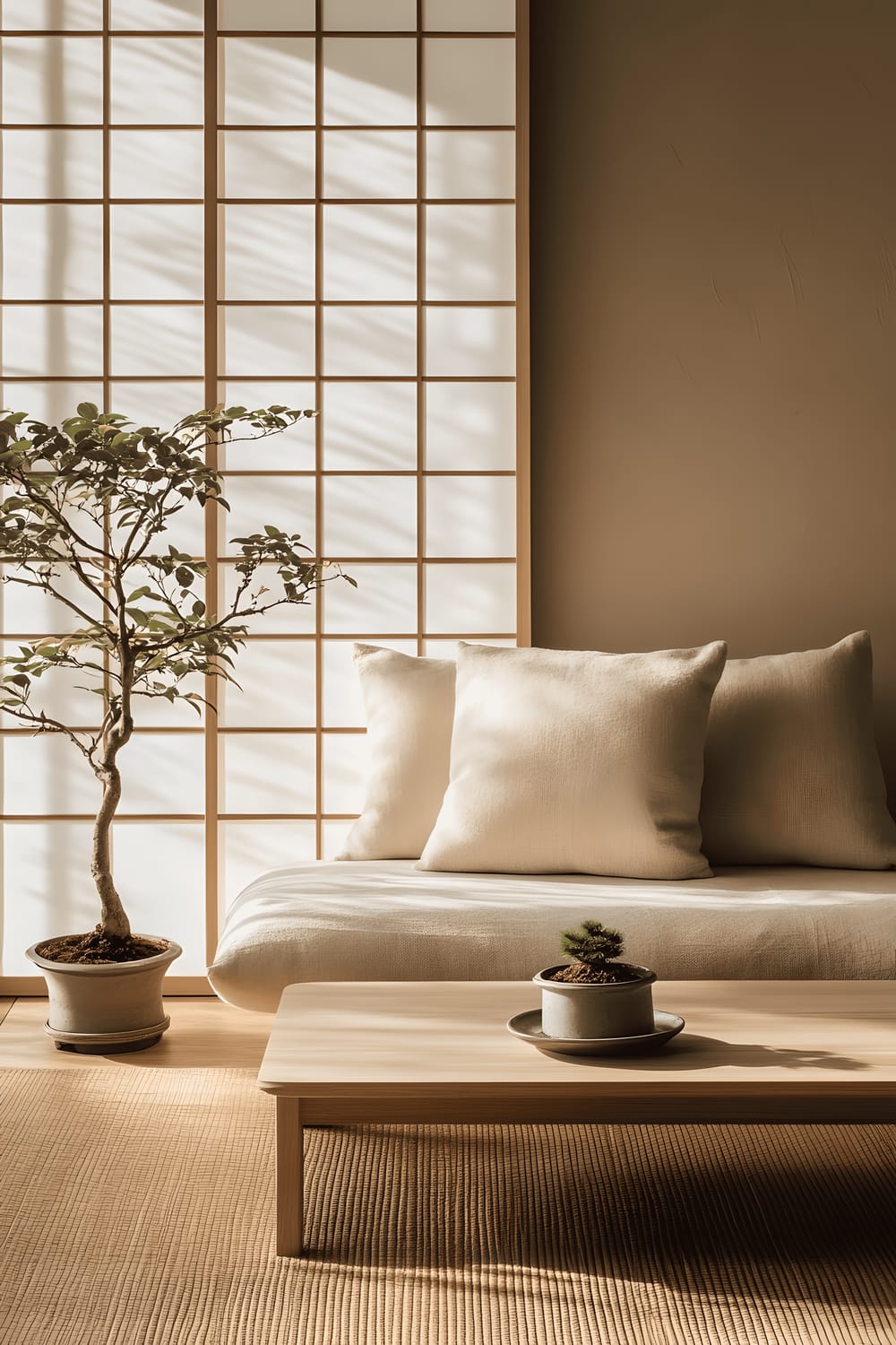 A small living room inspired by Japandi aesthetics, with a low-profile beige linen sofa, light oak wooden coffee table, tatami mat rug, bonsai tree in a ceramic pot, and sliding shoji screens that allow natural light to seep in. The room is colored in muted earth tones with soft green accents, evoking a tranquil atmosphere.