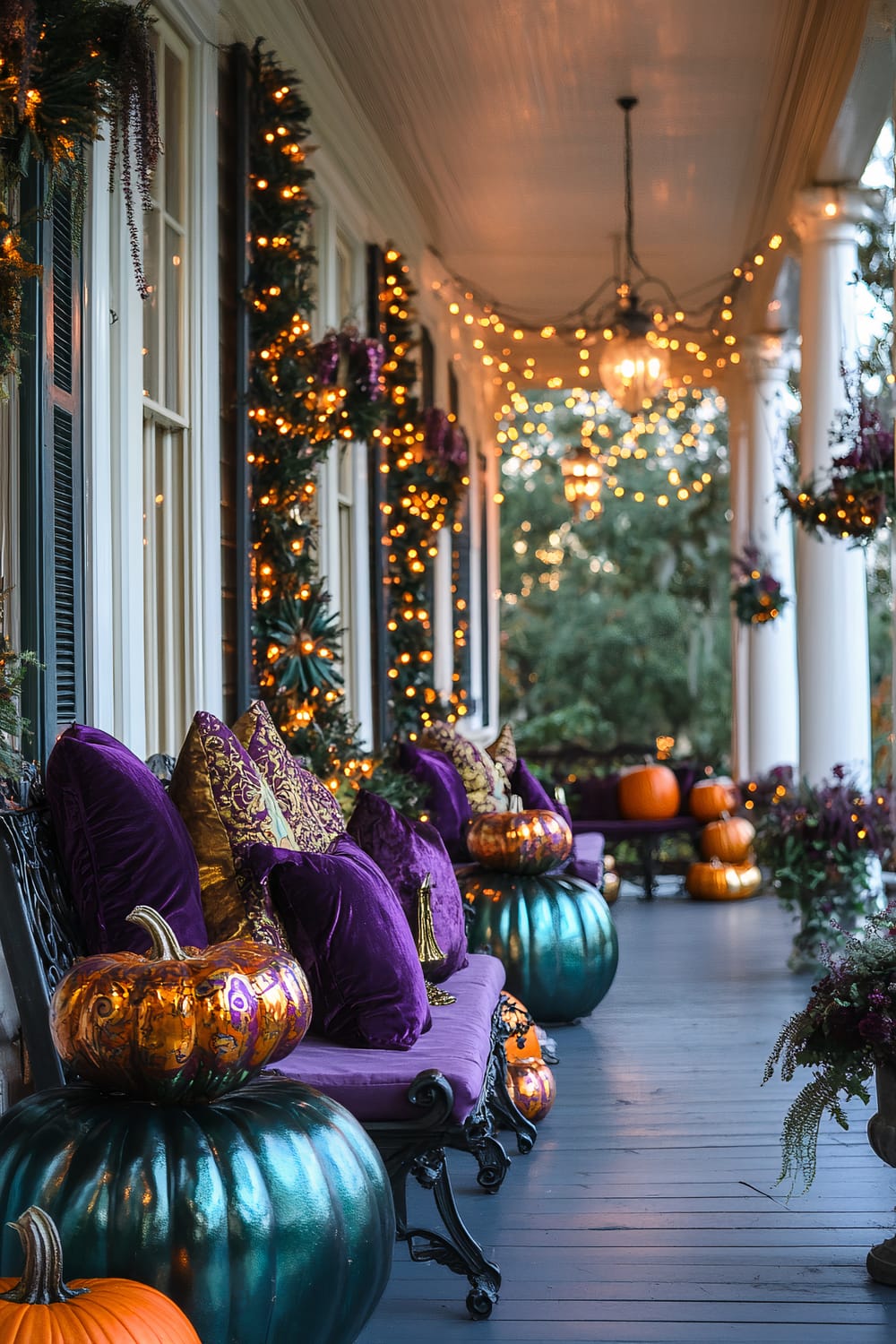 A charming porch decorated for Halloween and autumn with a sophisticated touch. The porch features elegant benches adorned with tufted purple cushions and luxurious golden-patterned pillows. Ornate pumpkins, some painted in metallic green hues and others in sparkling orange designs, are elegantly displayed along the benches and doorstep. Garland wraps around the door and columns, illuminated by warm twinkle lights, and vintage-style lanterns hang from the ceiling, casting a cozy glow. Hanging planters add touches of green, completing this rich and inviting outdoor setup.