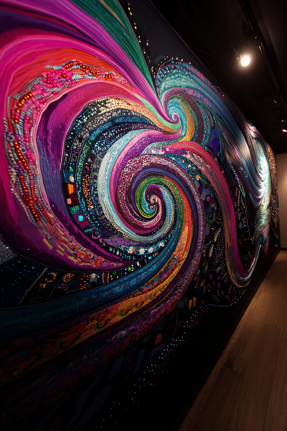 A large piece of wall art made entirely of beads with swirling patterns in vivid colors such as magenta, royal blue, and emerald green, illuminated from above.