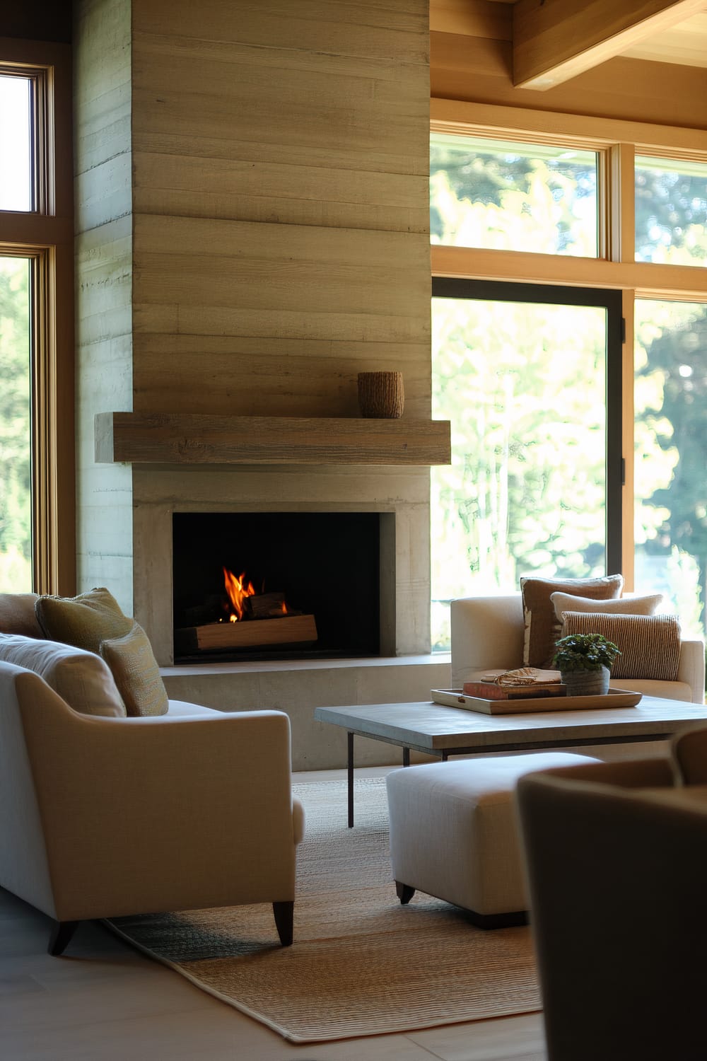 A modern living room featuring a transformed fireplace covered in shou sugi ban cypress wood. The room includes angular furniture, such as a contemporary sofa and unique armchairs with tactile textiles. A coffee table sits in the center with decorative items on it. Large windows allow soft natural light to fill the space, highlighting the rustic fireplace and the minimalist, contemporary decor.