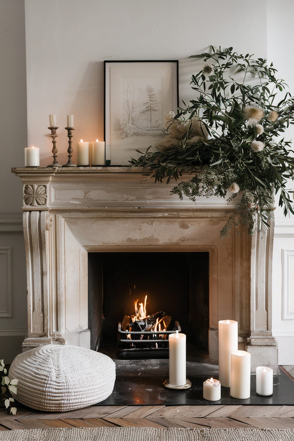 An elegant fireplace setting featuring a stone mantel adorned with multiple lit candles of varying sizes and styles. Above the mantel, a framed landscape drawing leans against the wall. A lush arrangement of green foliage and white and beige flowers is draped on one side of the mantel. In front of the fireplace, additional candles are placed on the hearth next to a white knitted cushion. The fire inside the fireplace is burning brightly, providing a warm and inviting atmosphere.