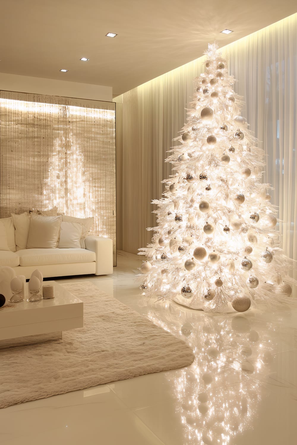 A chic modern living room features a luxurious white crystal Christmas tree illuminated by spotlights. The tree is adorned with shimmering metallic lights and sparkling silver ornaments, casting bright reflections on the glossy white floor. Nearby, a white sofa with plush cushions is set against a backdrop of elegant sheer drapes and a shimmering textured wall. A white rectangular coffee table with contemporary decor sits on a plush white rug, completing the dazzling holiday scene.