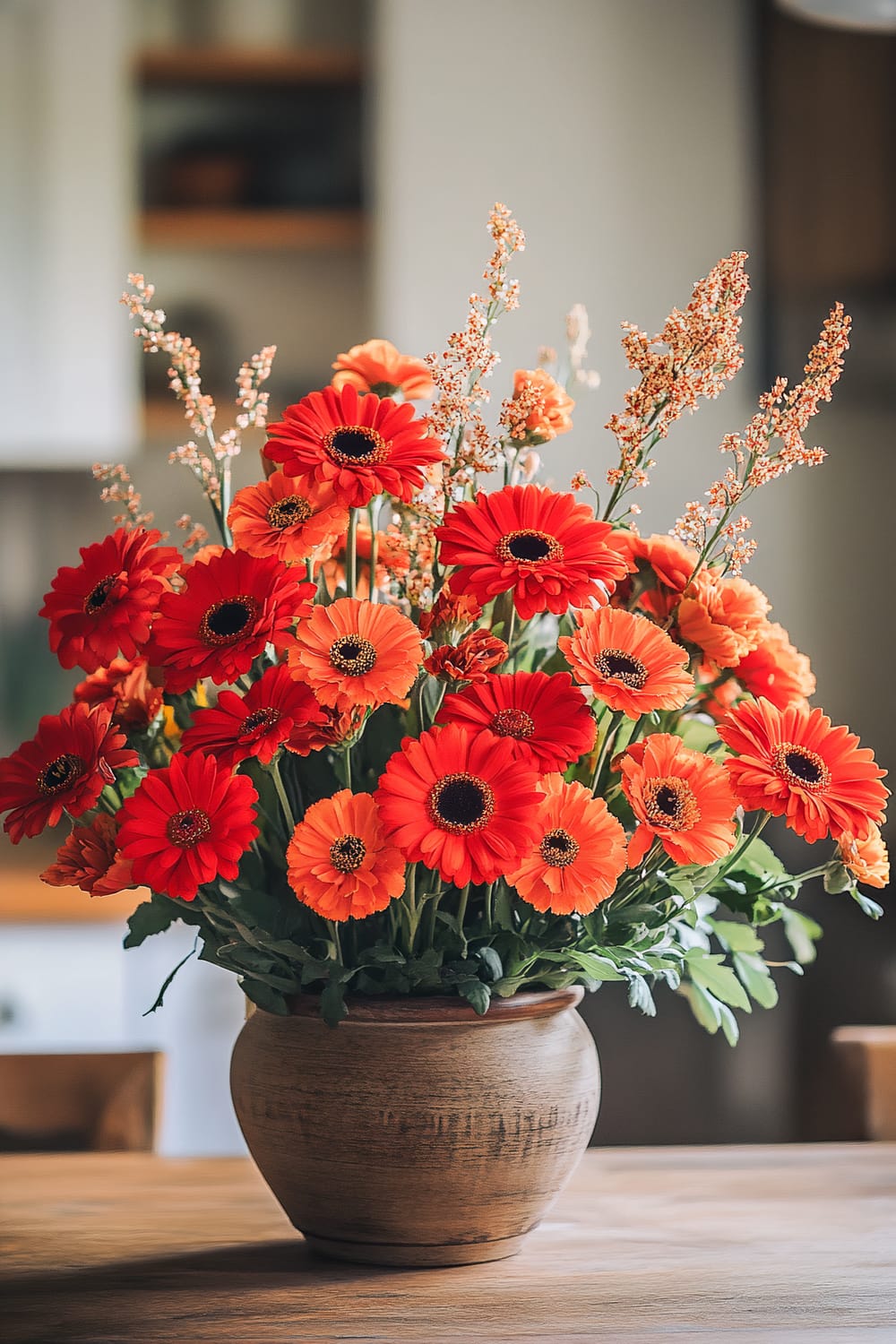 A close-up image of a vibrant floral arrangement featuring red and orange gerbera daisies along with delicate accent flowers in a rustic terracotta vase. The arrangement is placed on a wooden table with a soft, blurred background that includes a glimpse of a kitchen.