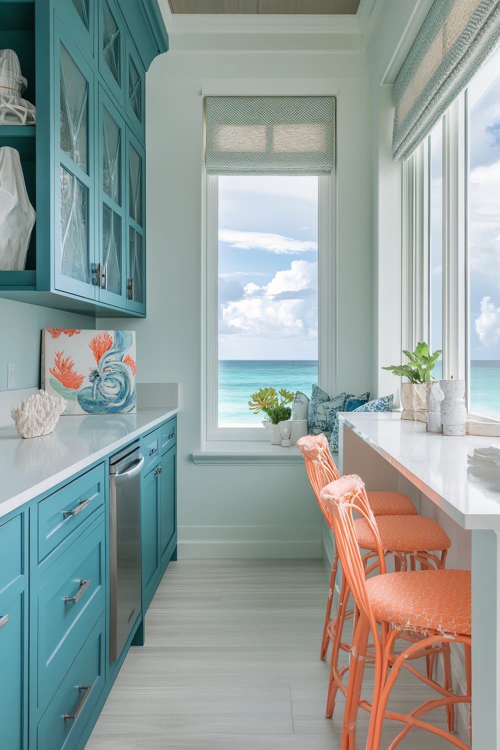 This image depicts a bright and vibrant coastal kitchen, featuring teal cabinetry, orange wicker barstools, and large windows offering an expansive ocean view. The countertops are white, adorned with decorative elements like a coral artwork and greenery.